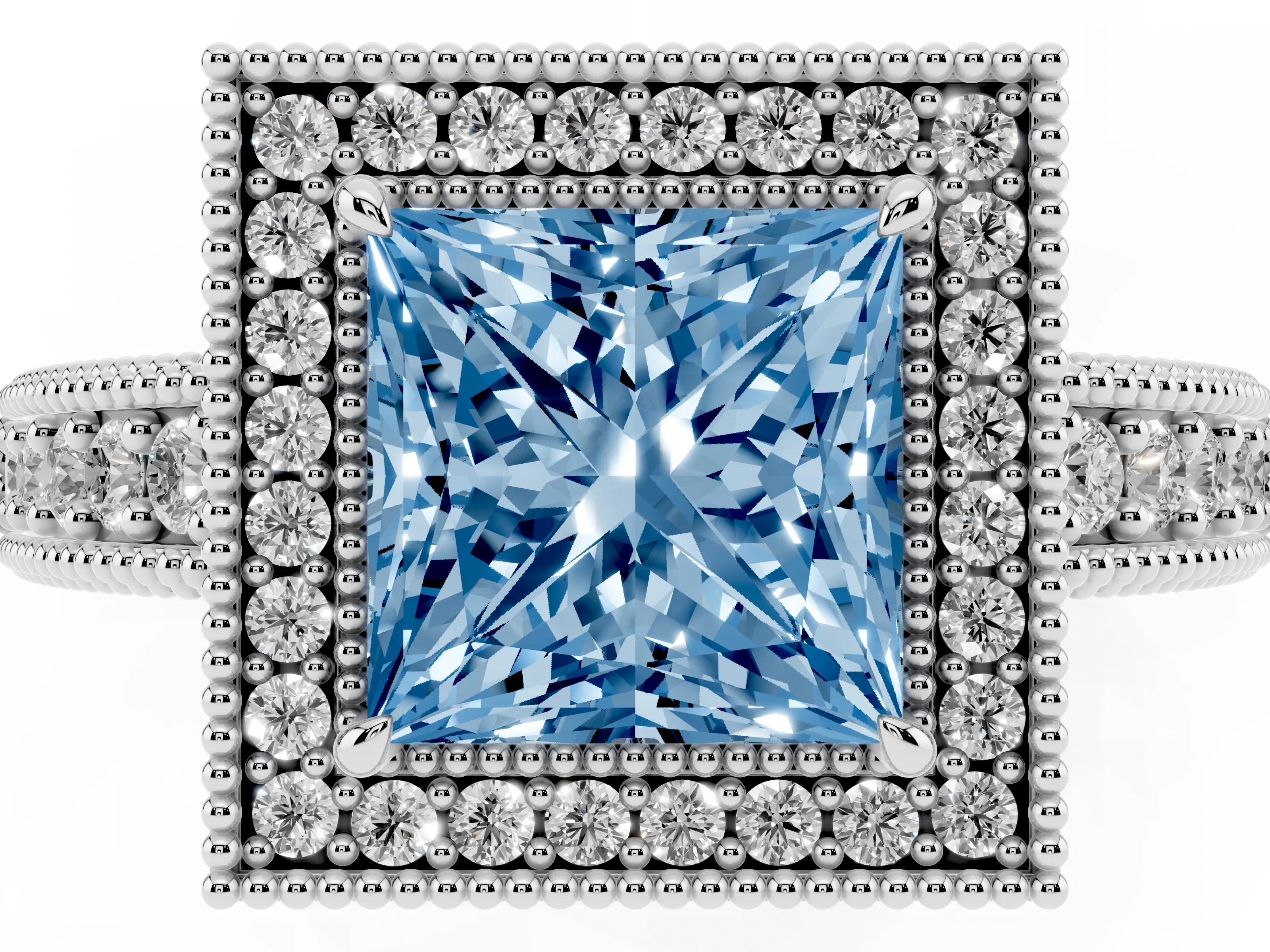 Fancy Blue Princess Cut Diamond Halo Ring Set in White gold with Round Accent Halo, Pavé Band and Prong Setting