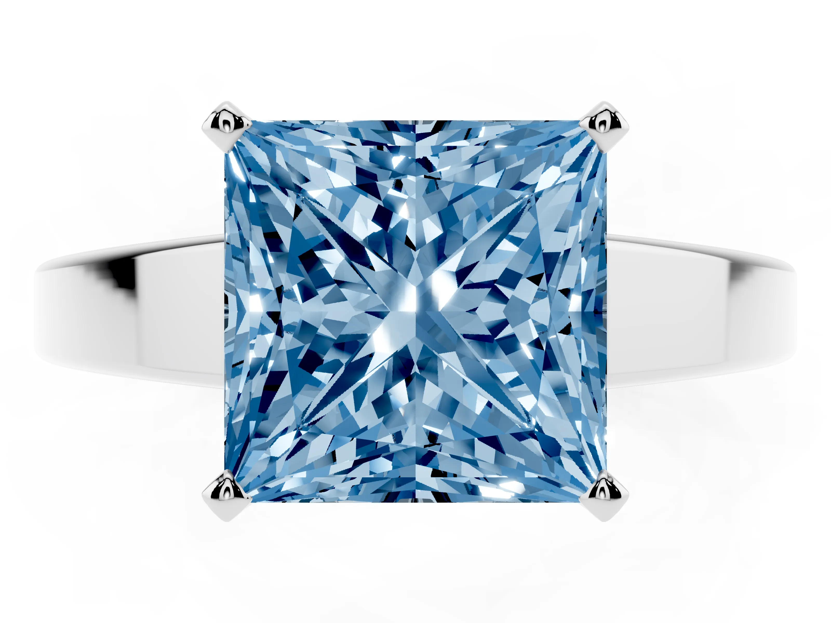 Fancy Blue Princess Cut Diamond Solitaire Engagement Ring Set in White gold with Prong Setting and Tapered Band