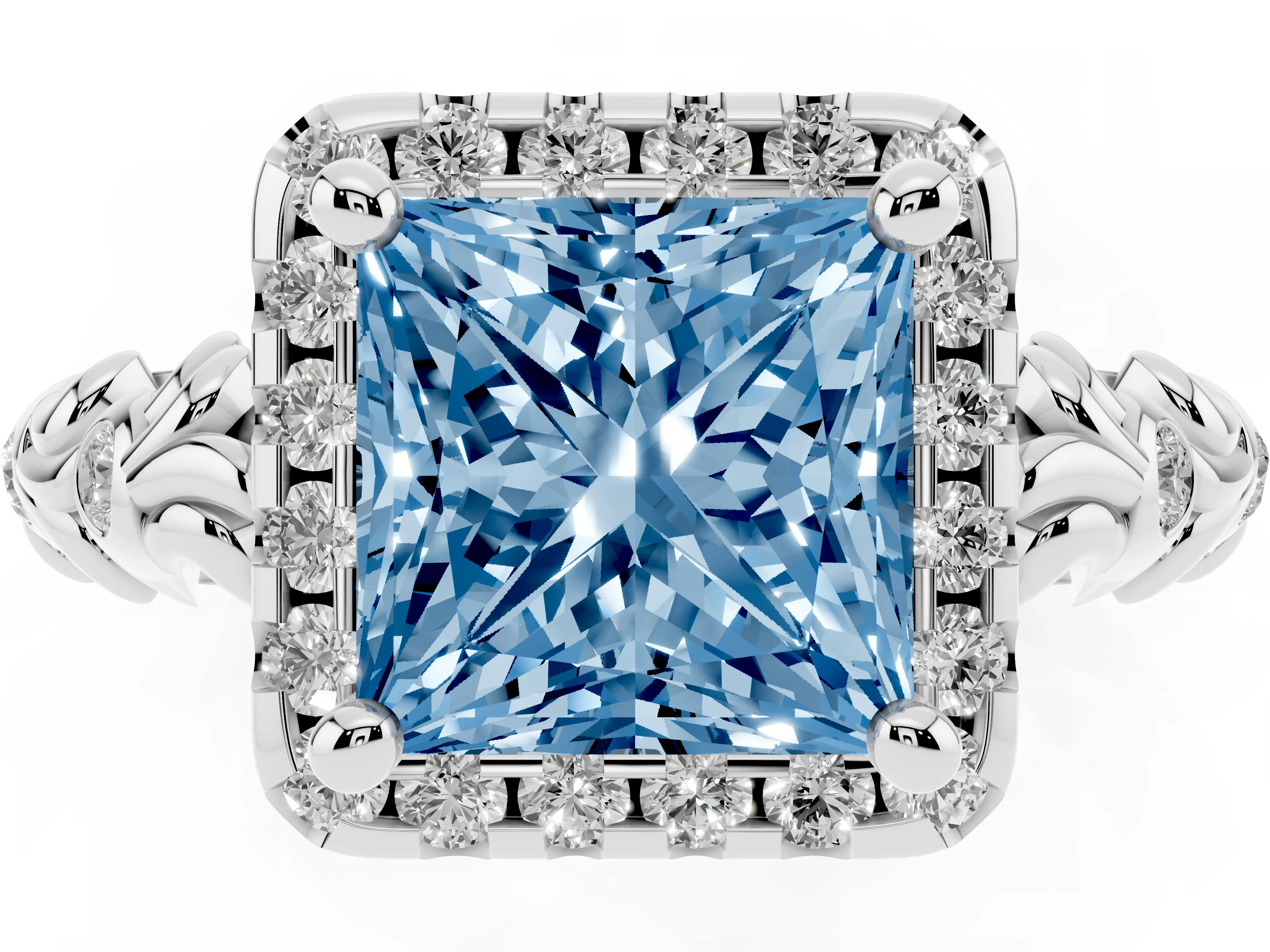 Fancy Blue Princess Cut Diamond Halo Ring Set in Silver with Filigree Leaf Band and Prong Setting