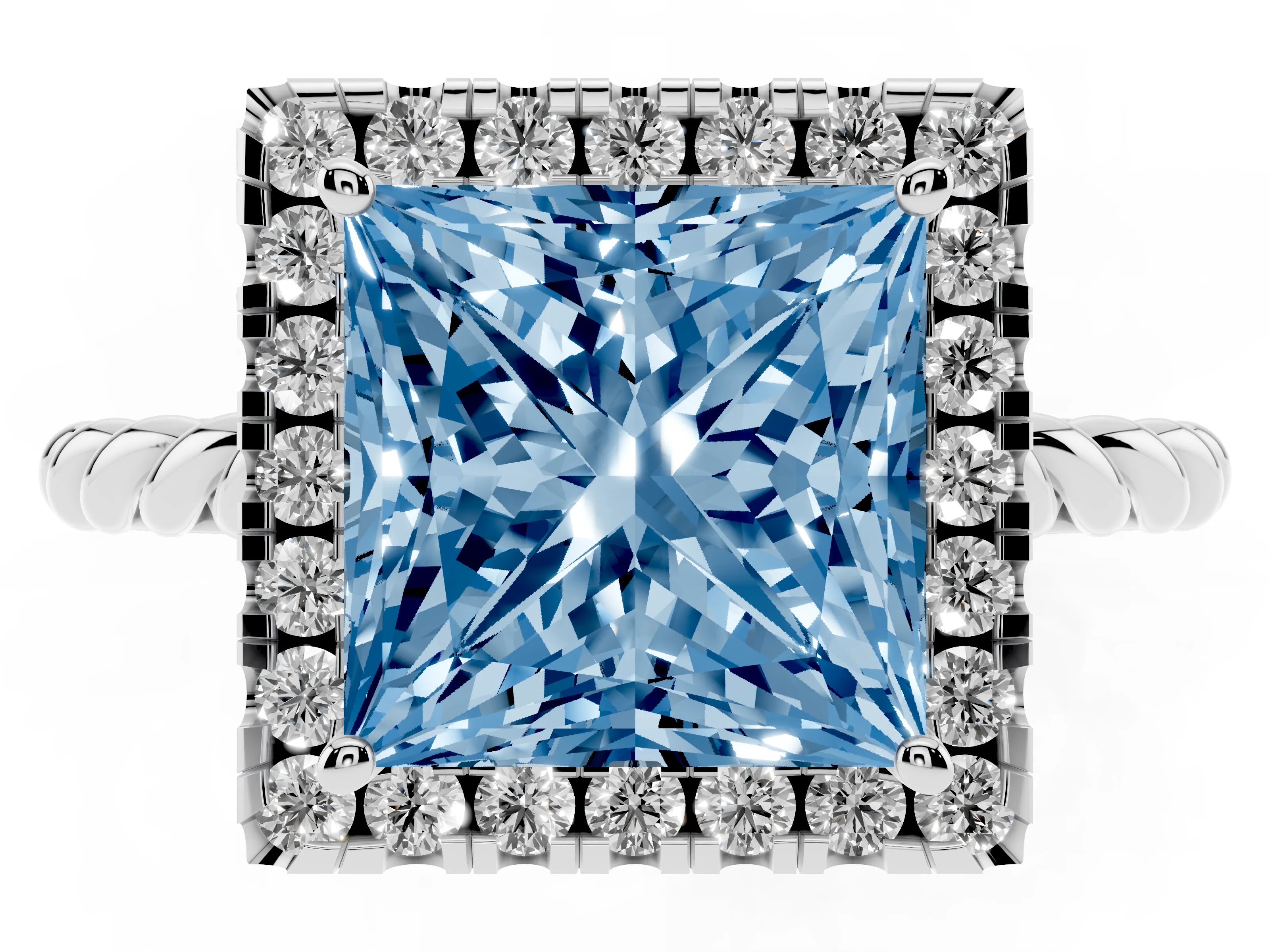 Fancy Blue Princess Cut Diamond Halo Ring Set in Platinum with Plain Twisted Band