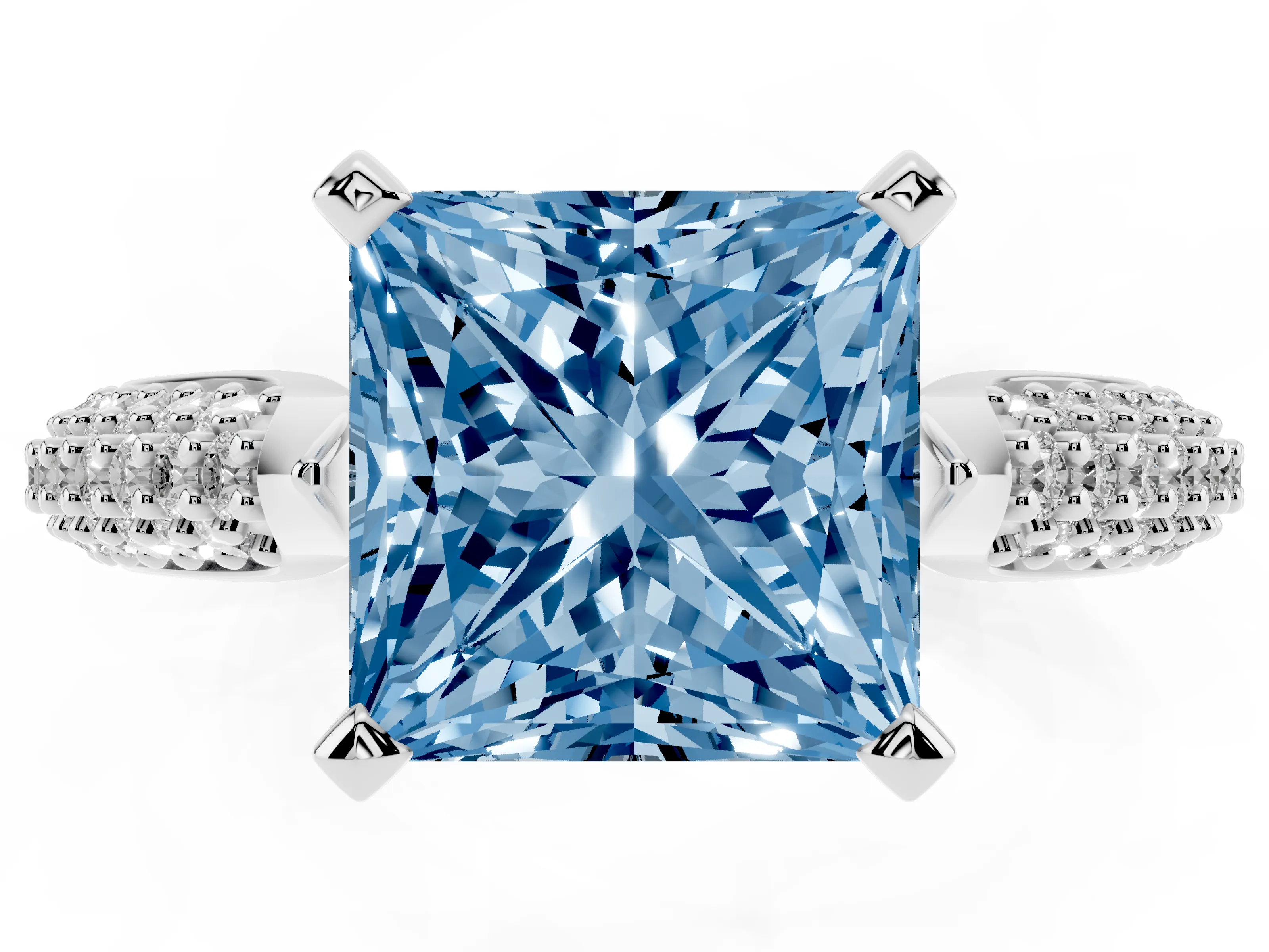 Fancy Blue Princess Cut Diamond Solitaire Engagement Ring Set in Silver with Multi-Row Round Pavé Band and Prong Setting
