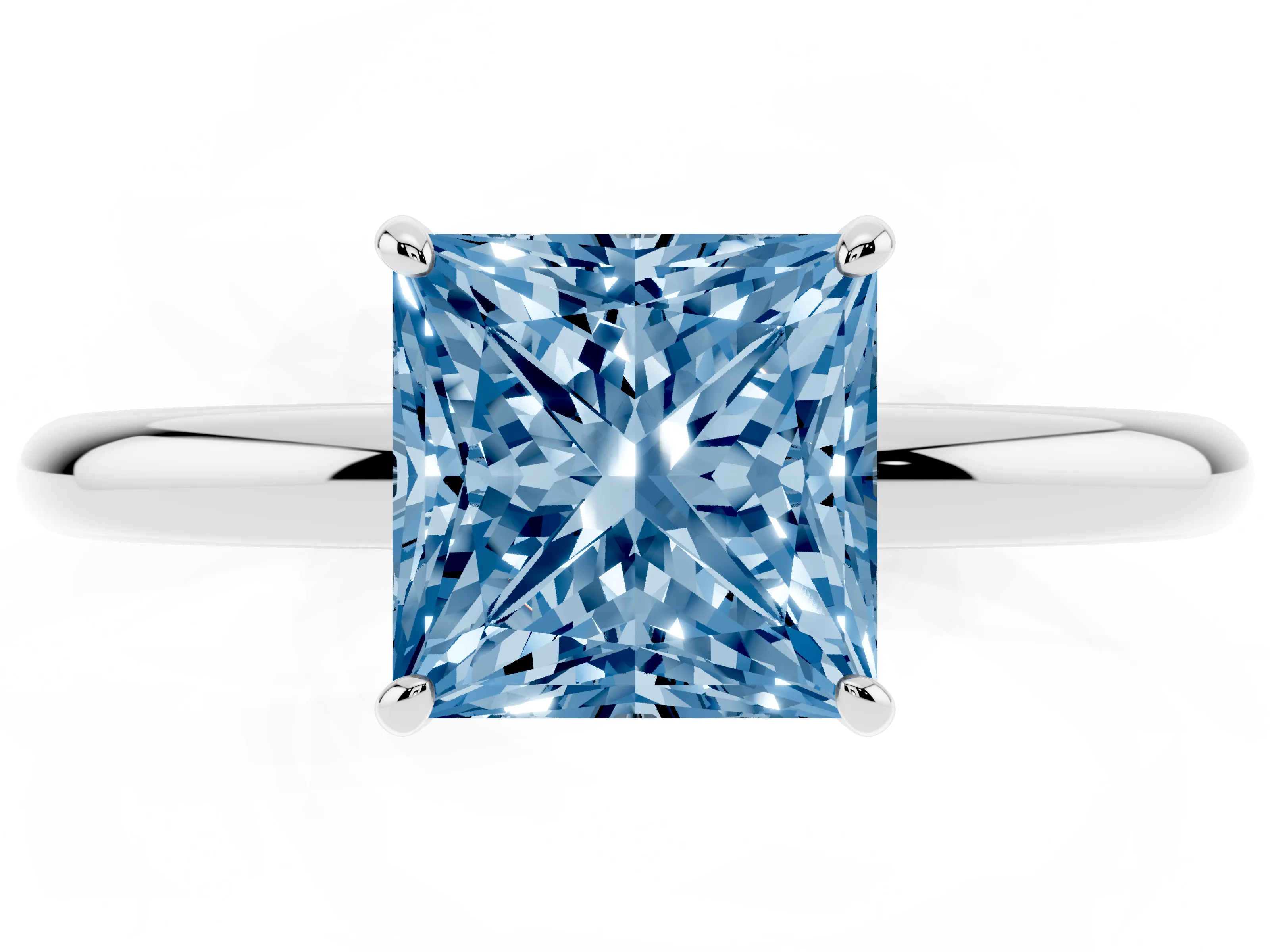 Fancy Blue Princess Cut Diamond Solitaire Ring Set in Silver with Prong Setting on a Polished Plain Band