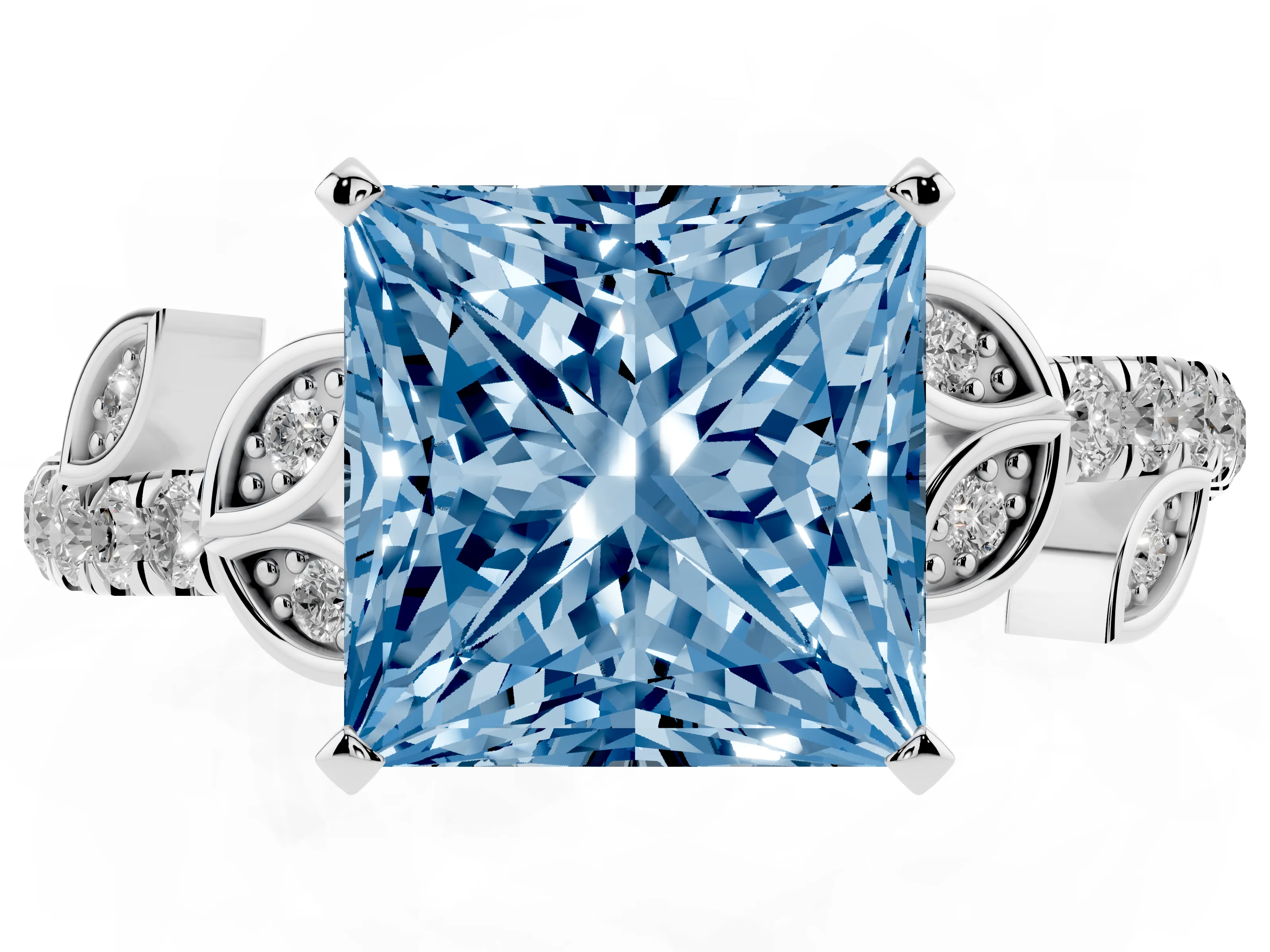 Fancy Blue Princess Cut Diamond Solitaire Leaf-Inspired Ring Set in White gold with Pavé Band and Prong Setting
