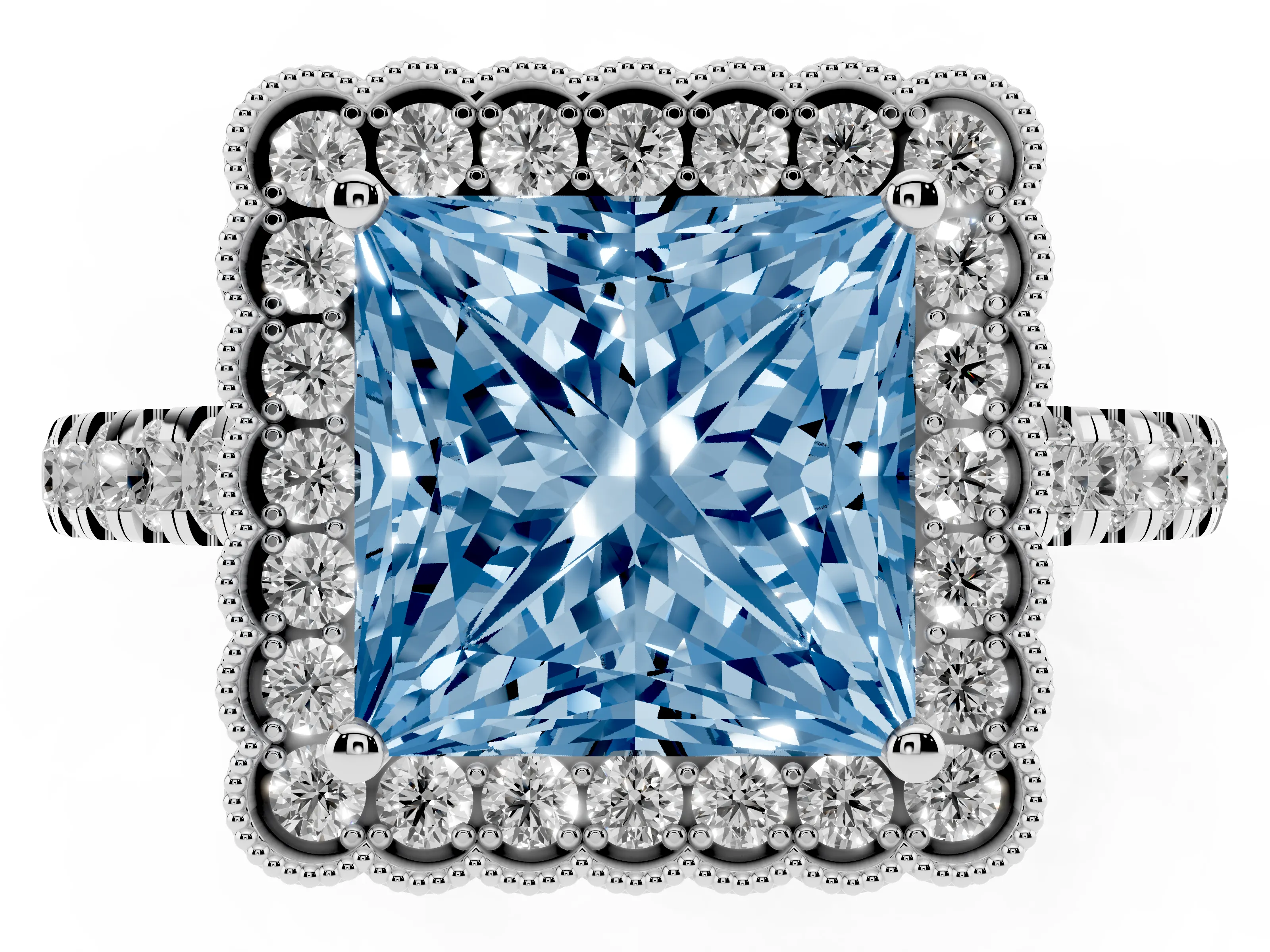 Fancy Blue Princess Cut Diamond Milgrain Floral Halo Engagement Ring Set in Silver with Pavé Band