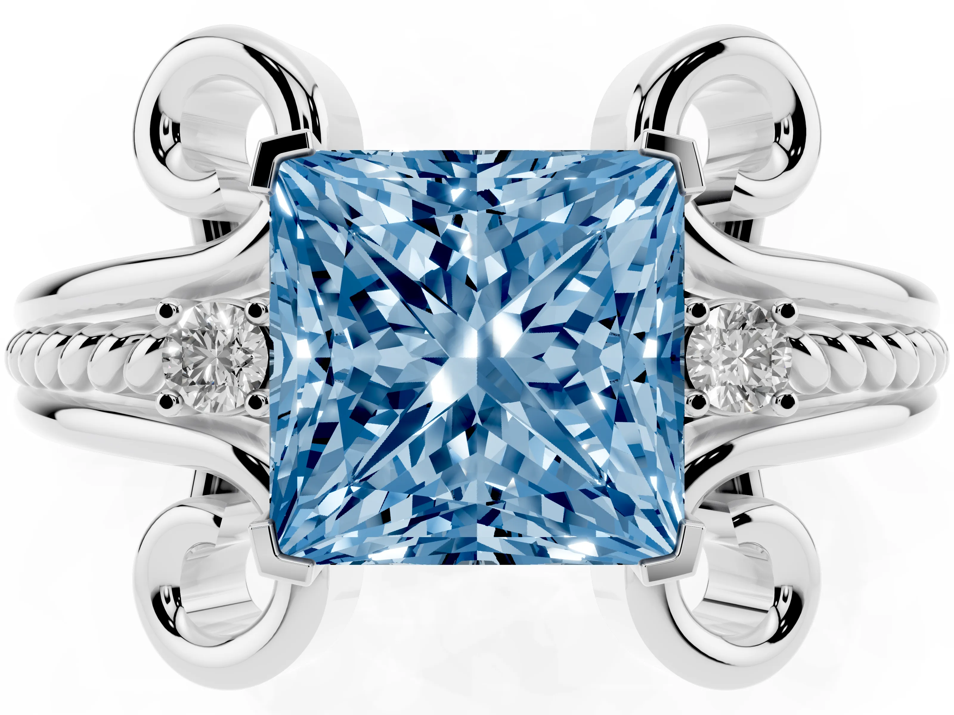 Fancy Blue Princess Cut Diamond Twisted Band Solitaire Ring Set in White gold with Scroll Prongs