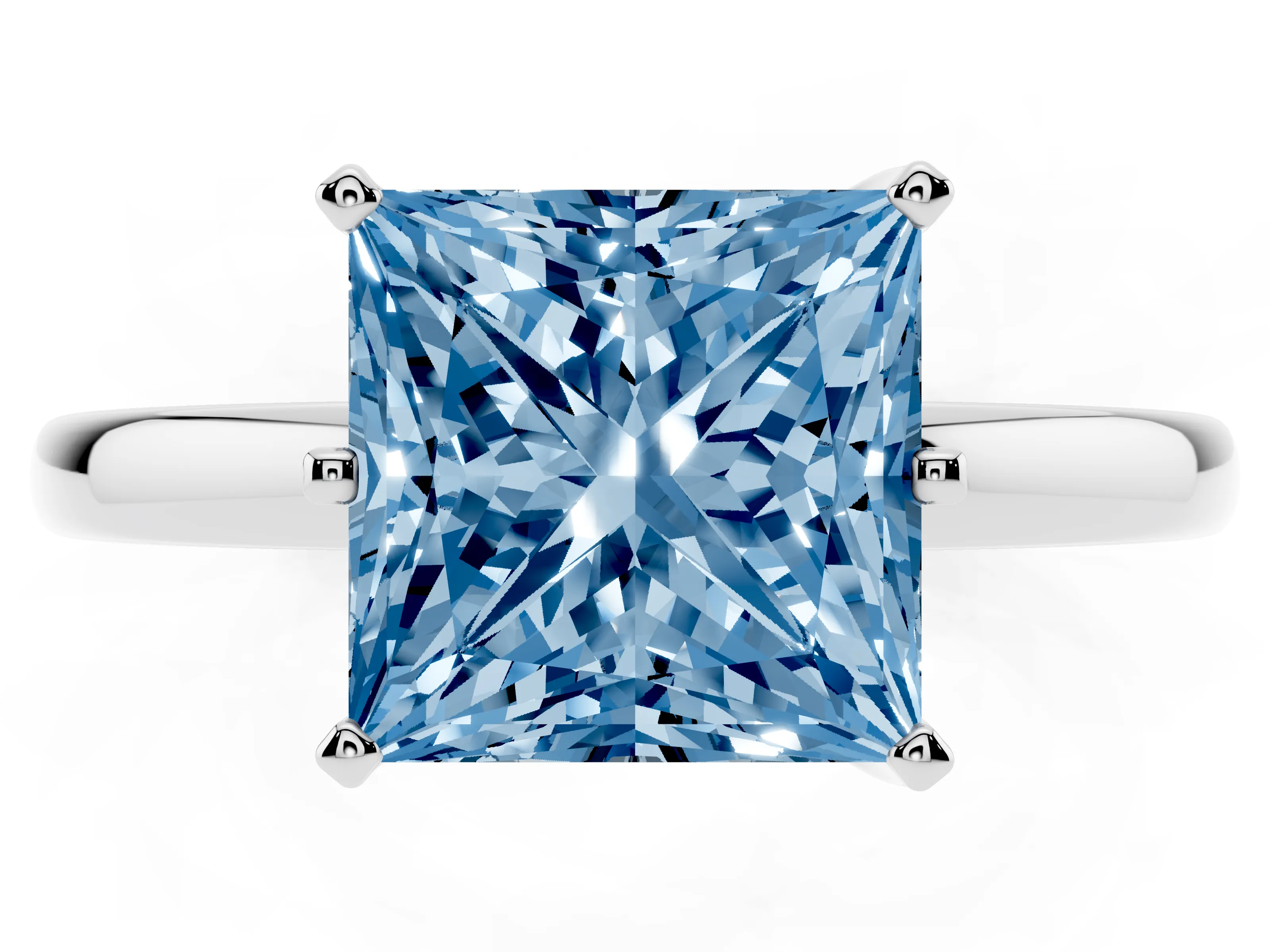 Fancy Blue Princess Cut Diamond Solitaire Ring Set in White gold with Raised Prong Setting on a Classic Band