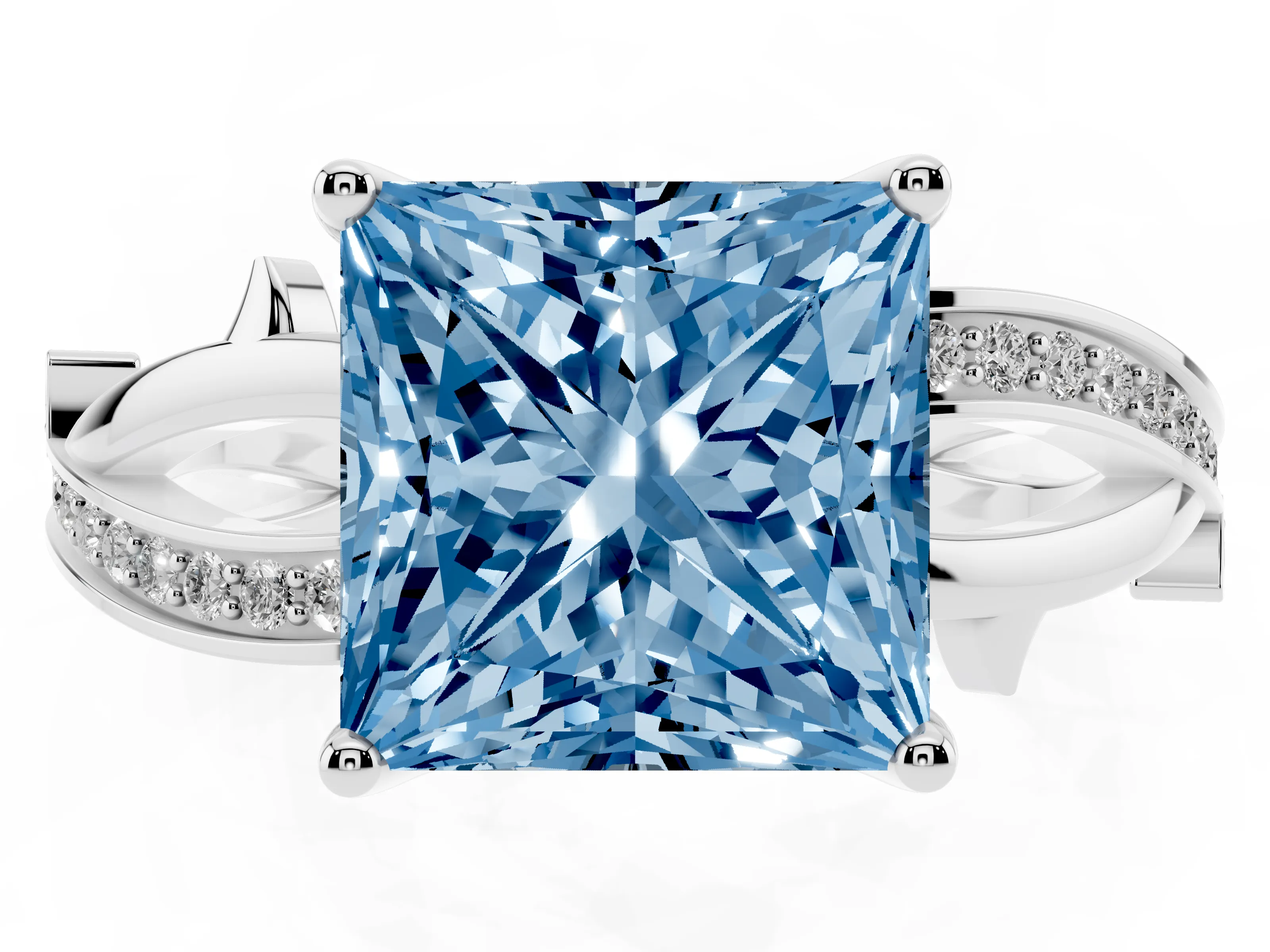 Fancy Blue Princess Cut Diamond Pavé Twist Band Solitaire Ring Set in Silver with Prong Setting