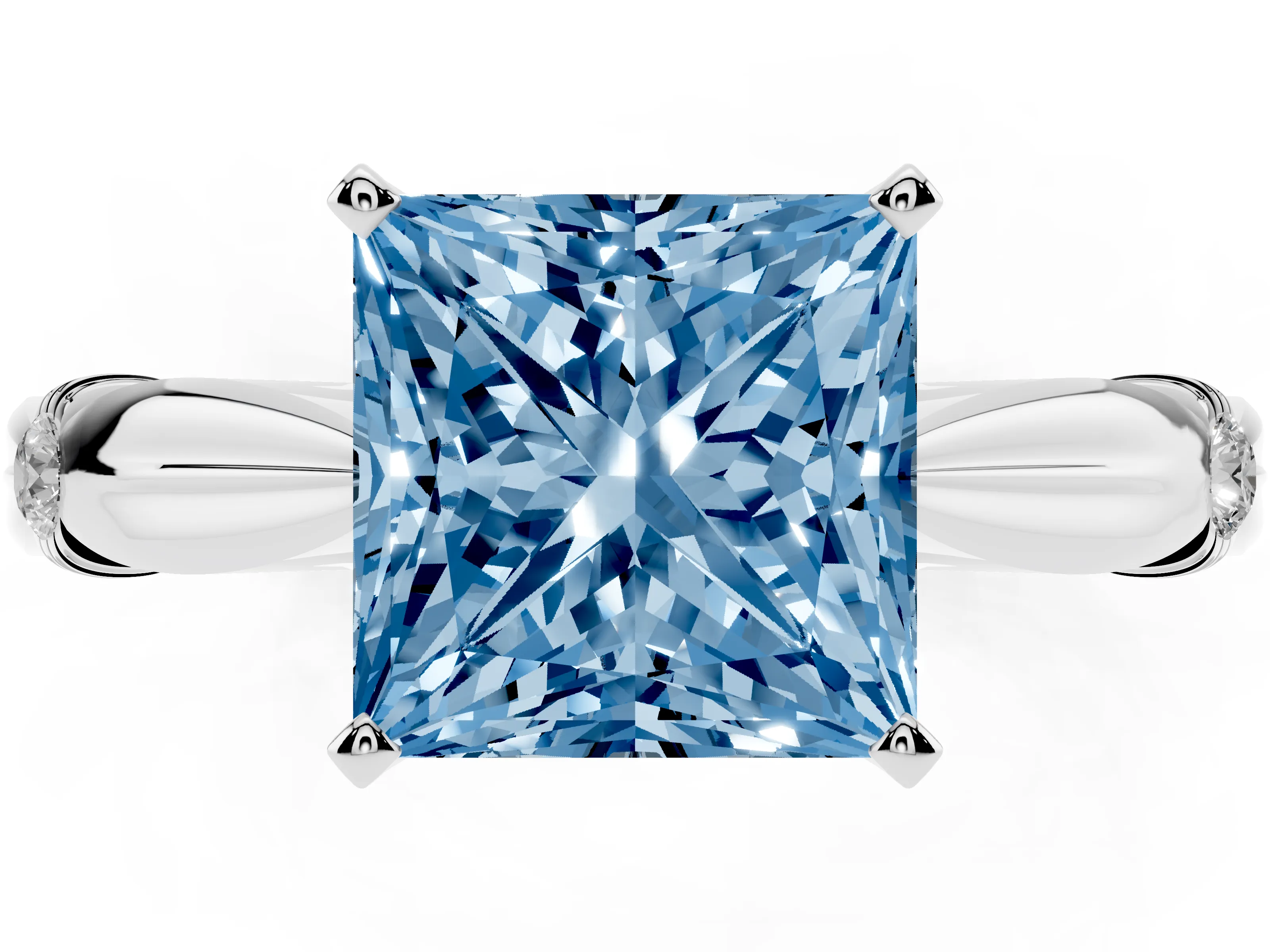 Fancy Blue Princess Cut Diamond Solitaire Twisted Band Ring Set in White gold with Accent Stones and Prong Setting