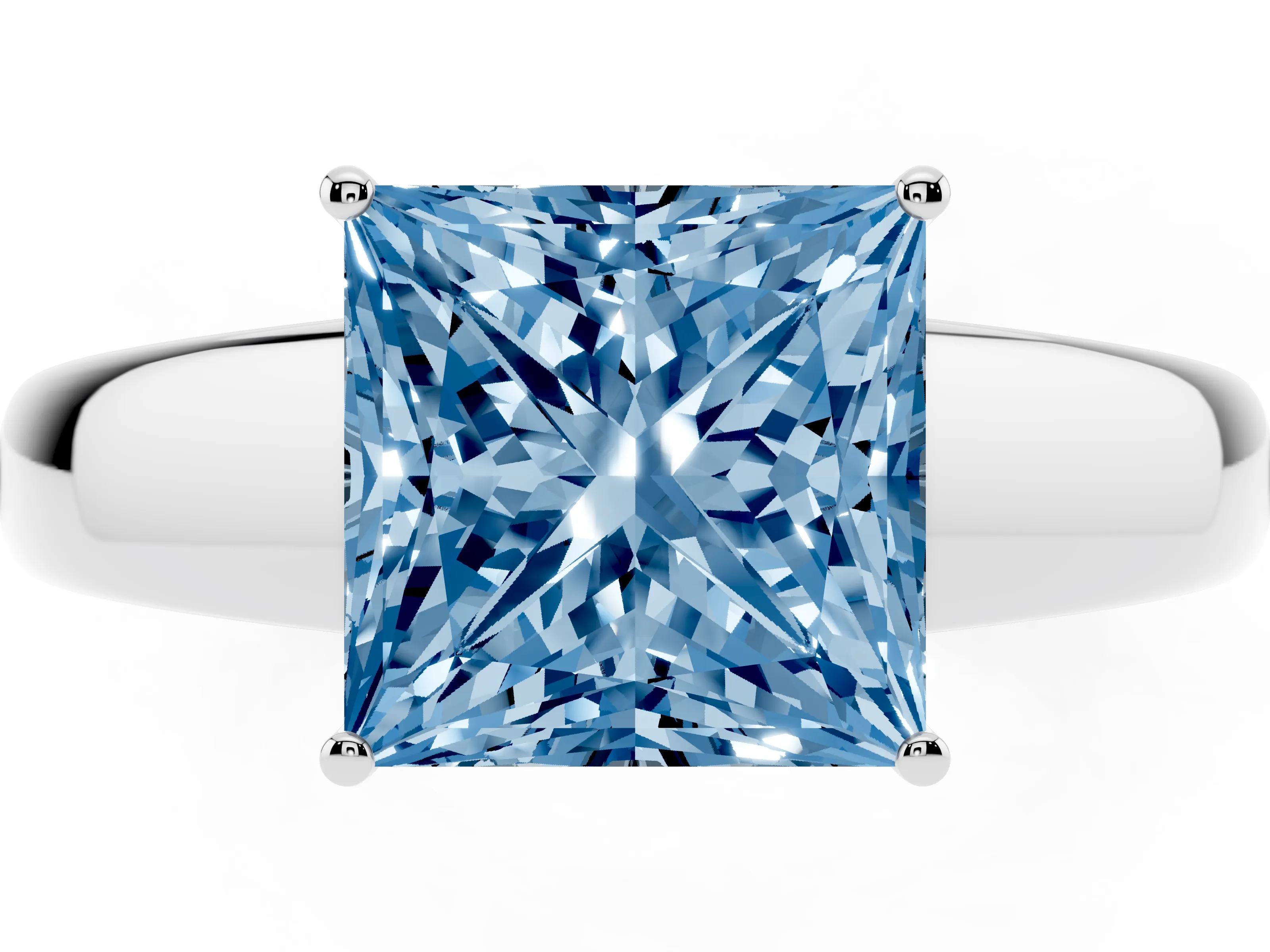 Fancy Blue Princess Cut Diamond Solitaire Ring Set in Silver with Tapered Band and Prong Setting