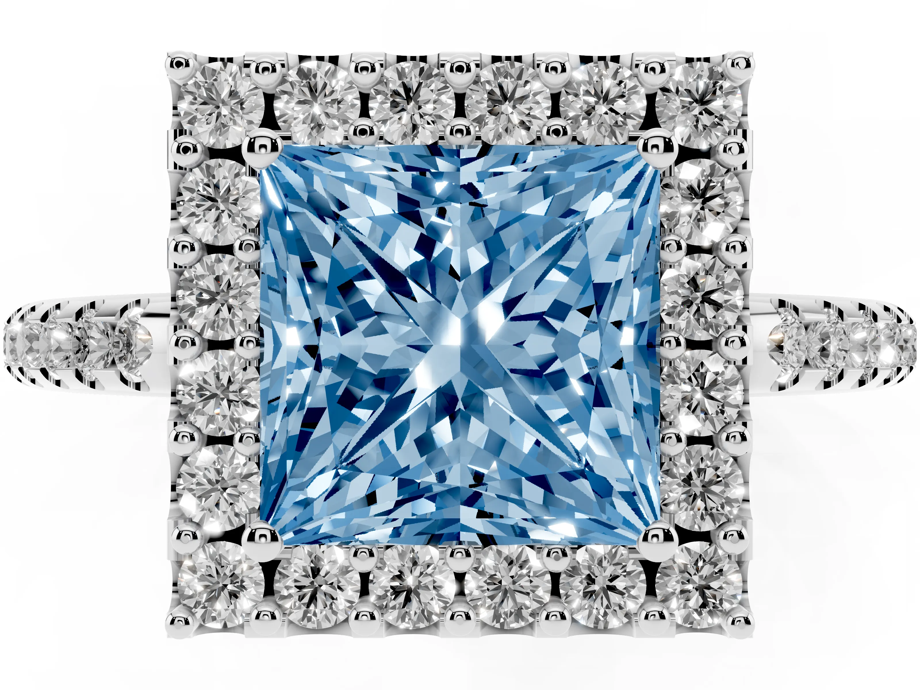 Fancy Blue Princess Cut Diamond Pavé Halo Ring Set in Silver with Prong Setting