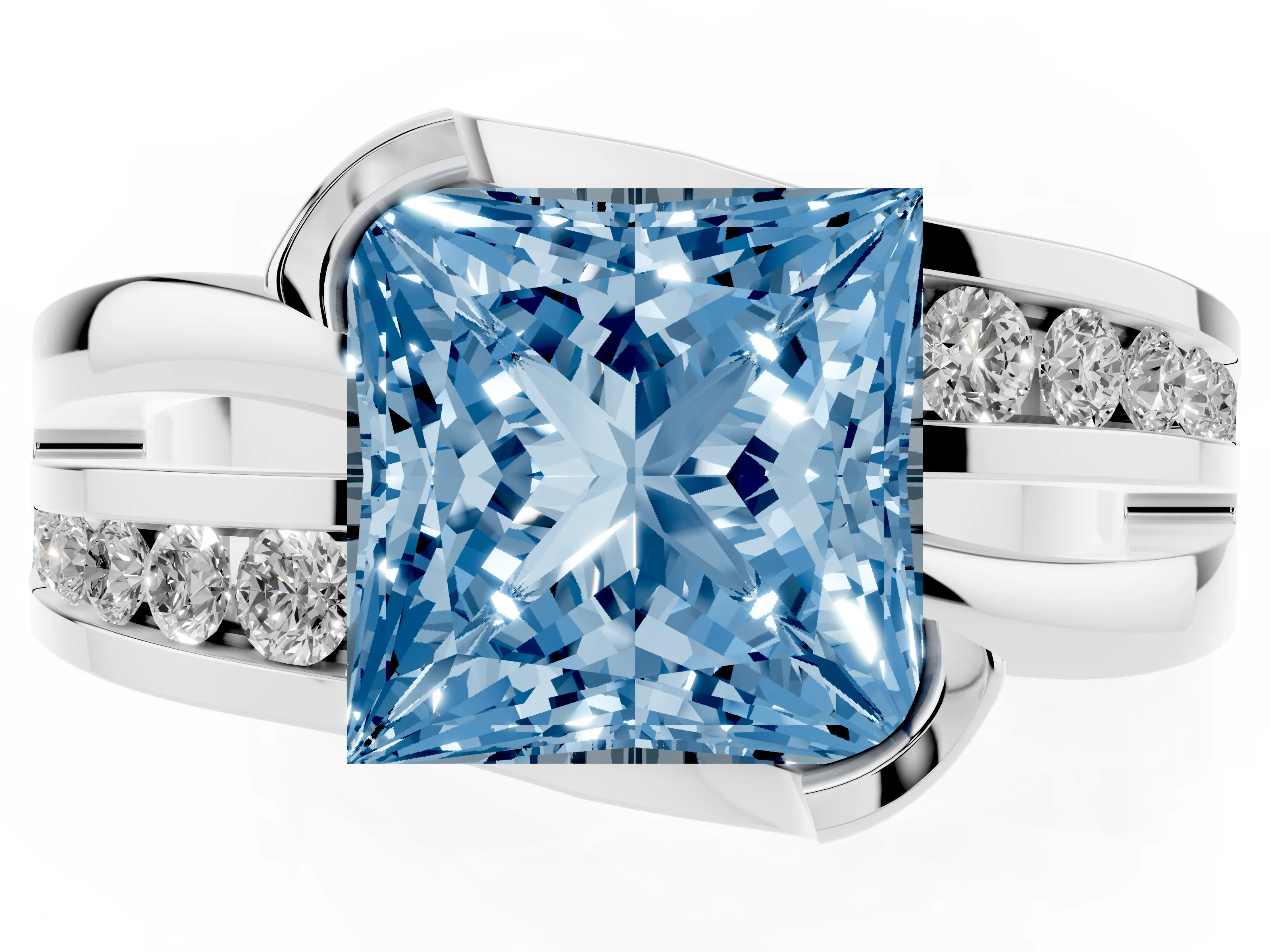 Fancy Blue Princess Cut Diamond Solitaire Ring Set in Silver with Channel Set Split Shank and Tension Prongs