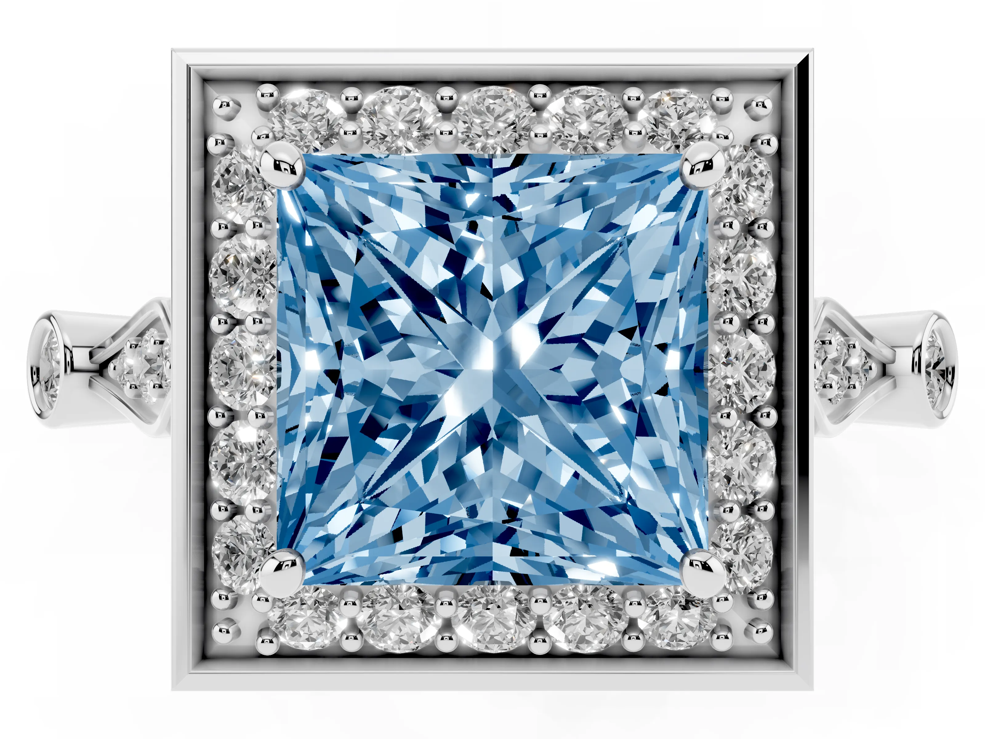 Fancy Blue Princess Cut Diamond Halo Engagement Ring Set in White gold with Twisted Band and Prong Setting