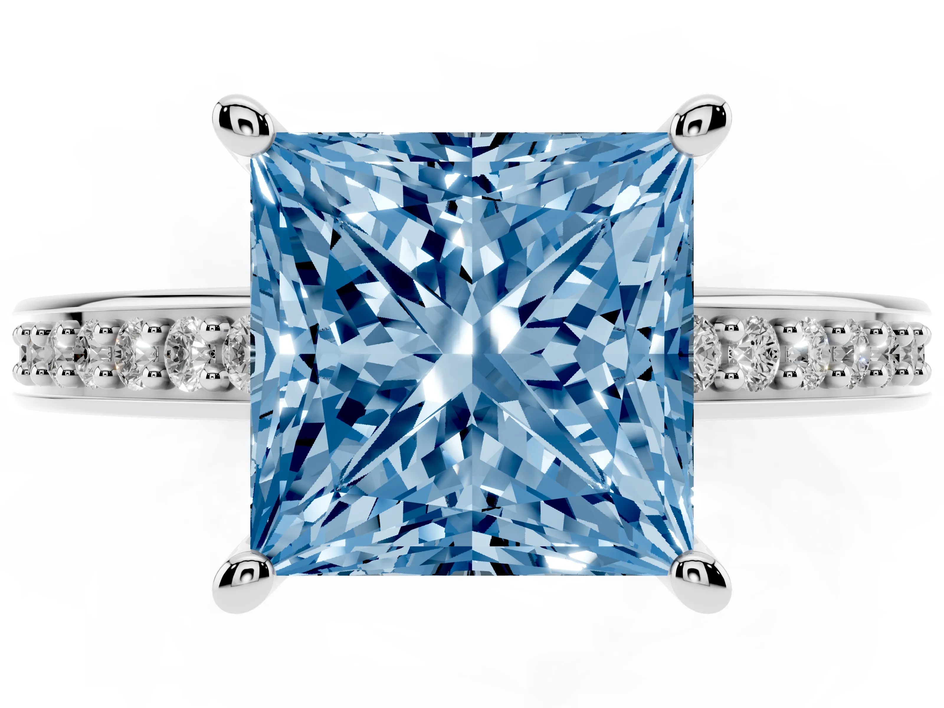 Fancy Blue Princess Cut Diamond Pavé Band Prong Set Solitaire Ring Set in Silver
