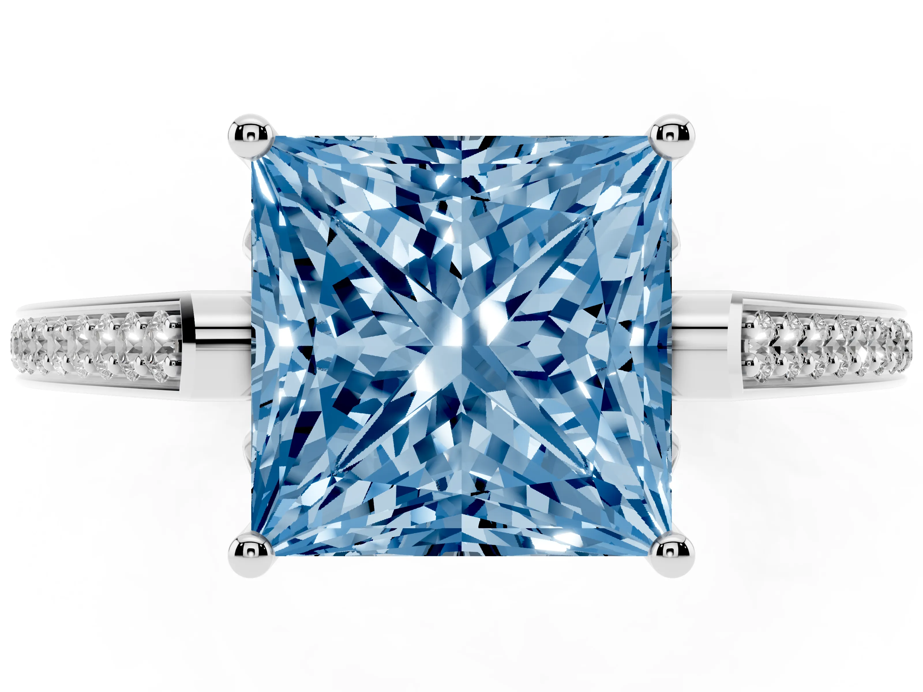 Fancy Blue Princess Cut Diamond Cathedral Pavé Engagement Ring Set in Platinum with Prong Setting