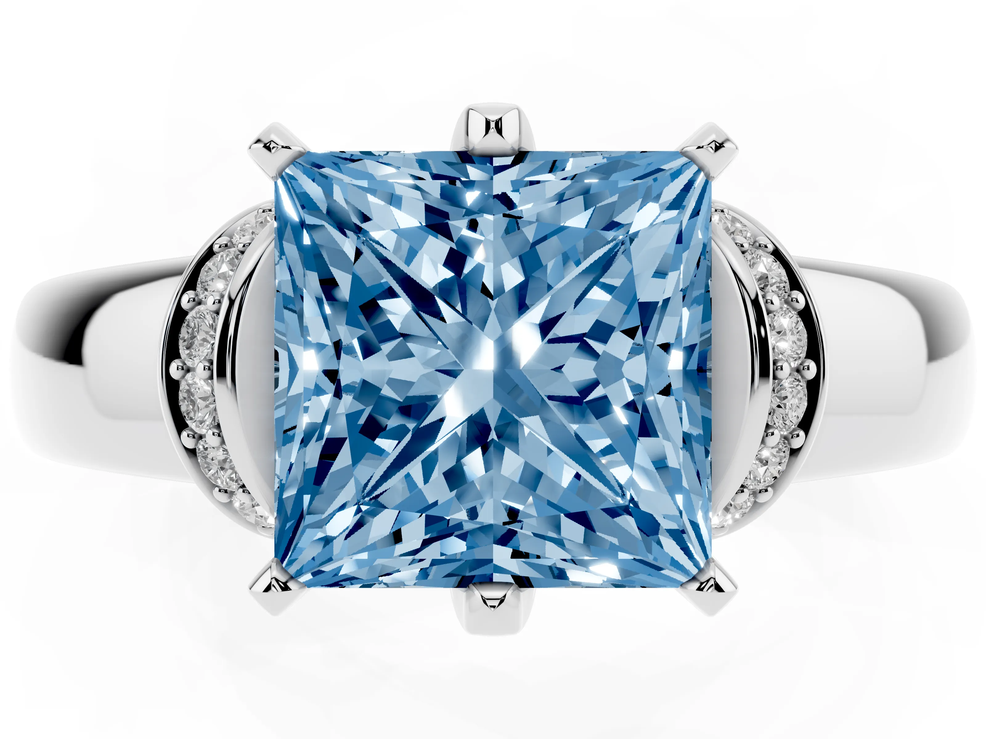 Fancy Blue Princess Cut Diamond Pavé Band Solitaire Ring Set in Silver with Prong Setting