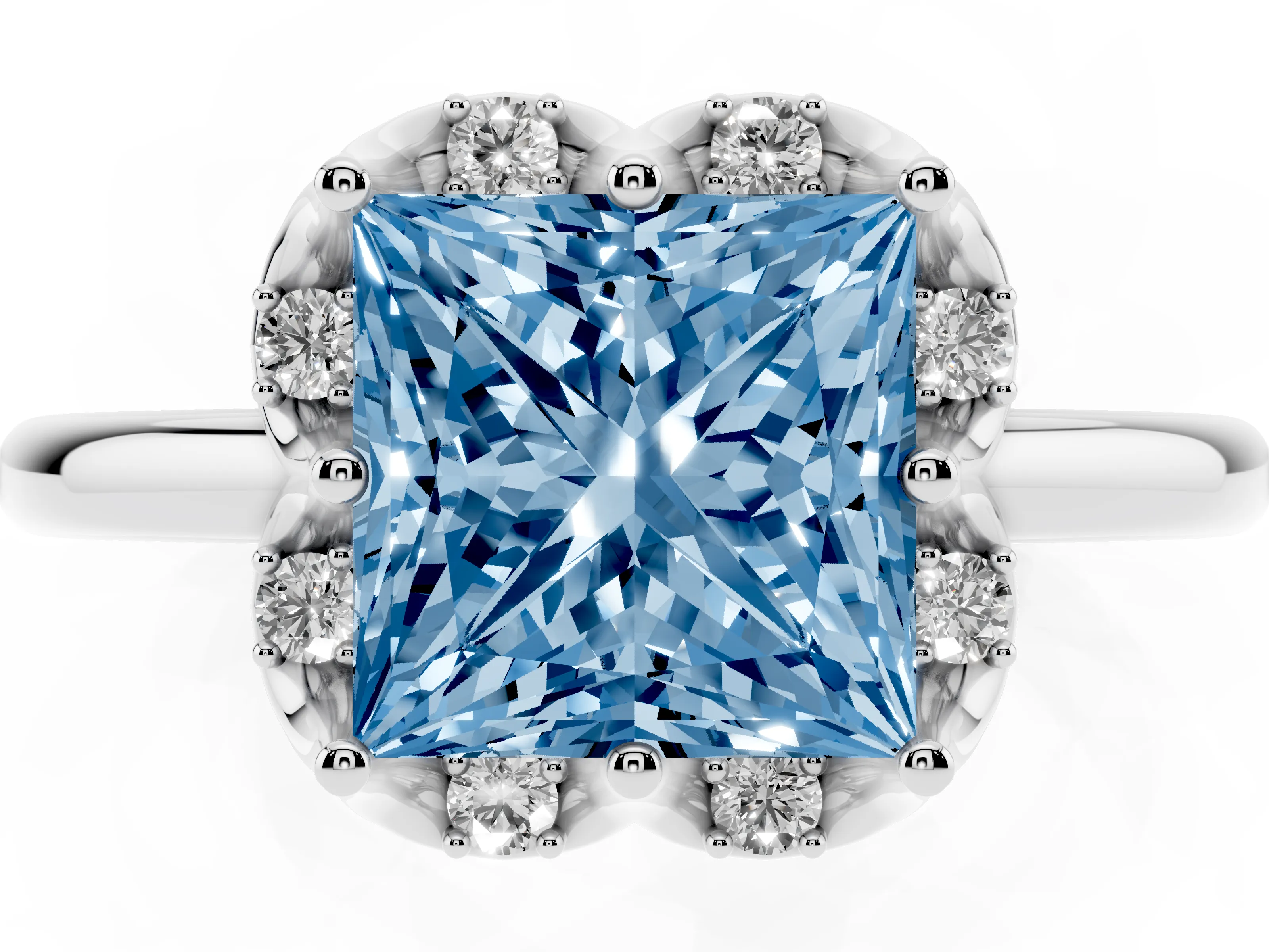 Fancy Blue Princess Cut Diamond Round Cluster Halo Ring Set in Platinum with Solitaire Band and Prong Setting