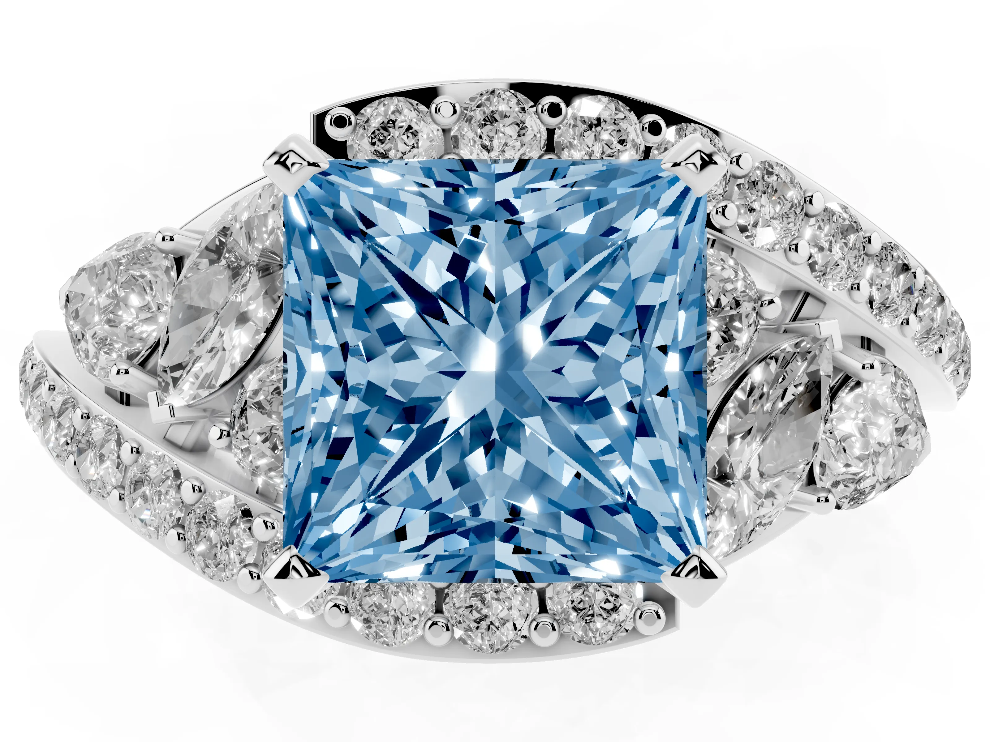Fancy Blue Princess Cut Diamond Halo Ring Set in White gold with Marquise and Pavé Band in Prong Setting