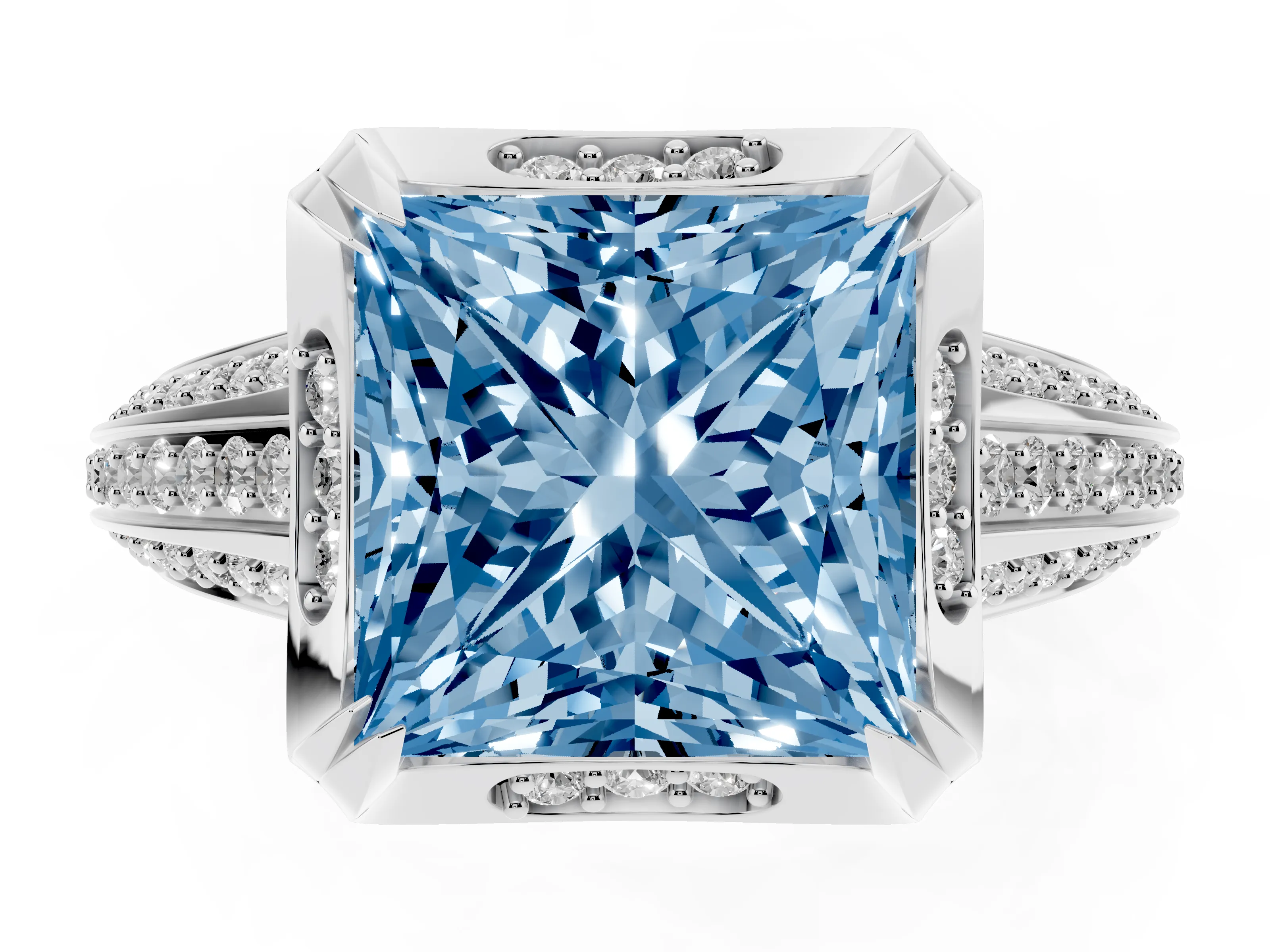 Fancy Blue Princess Cut Diamond Pavé Split Shank Solitaire Ring Set in Silver with Prong Setting