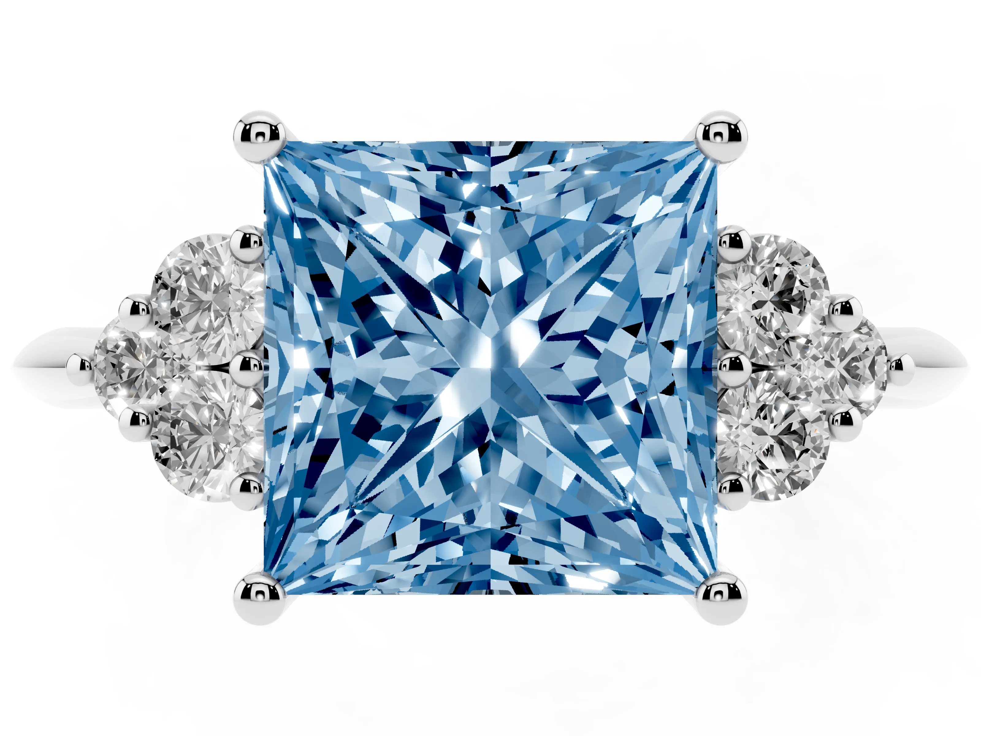 Fancy Blue Princess Cut Diamond Cluster Ring Set in Silver with Plain Band and Prong Setting