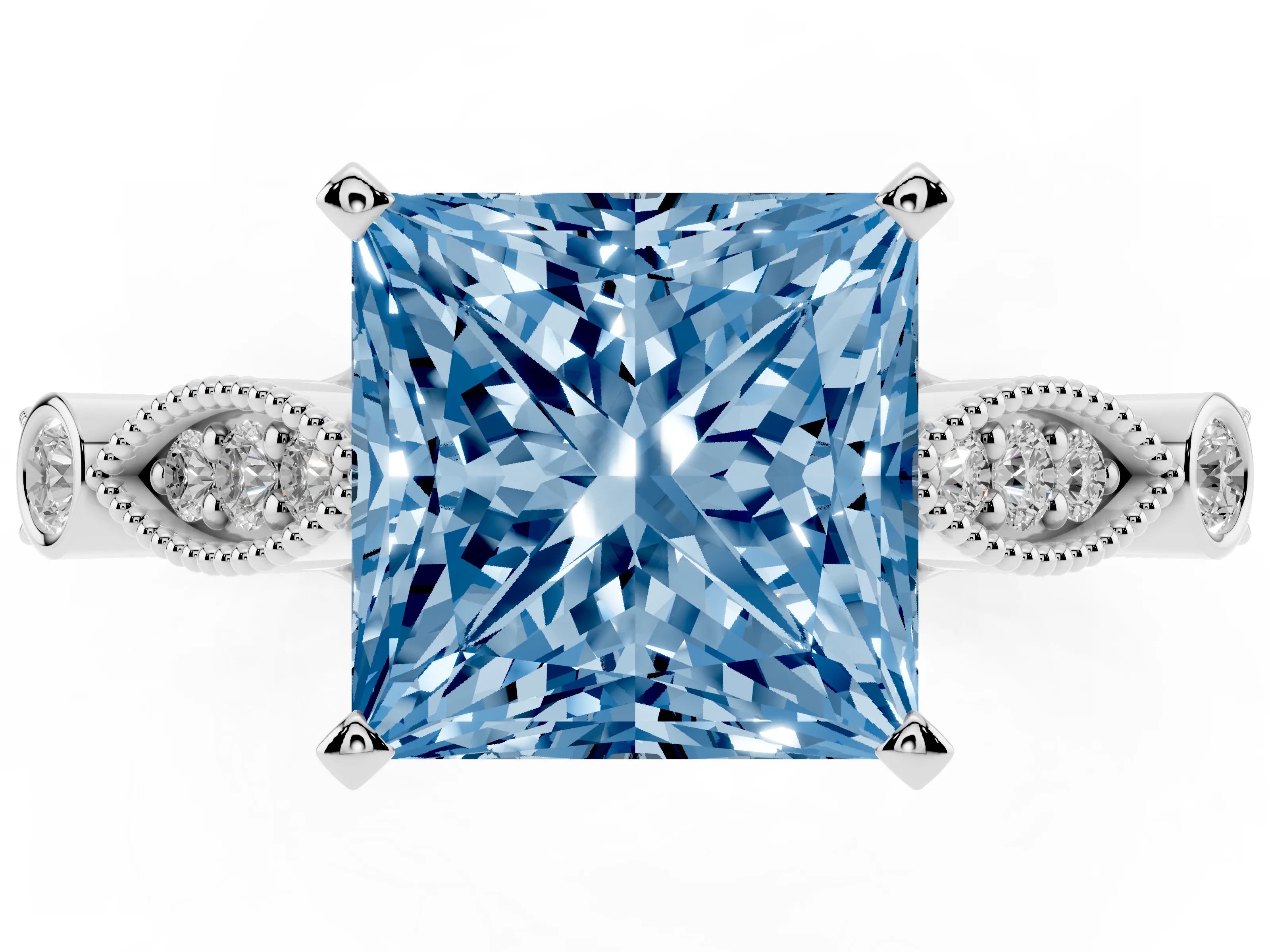 Fancy Blue Princess Cut Diamond Solitaire Ring Set in White gold with Milgrain Marquise and Bezel Accents