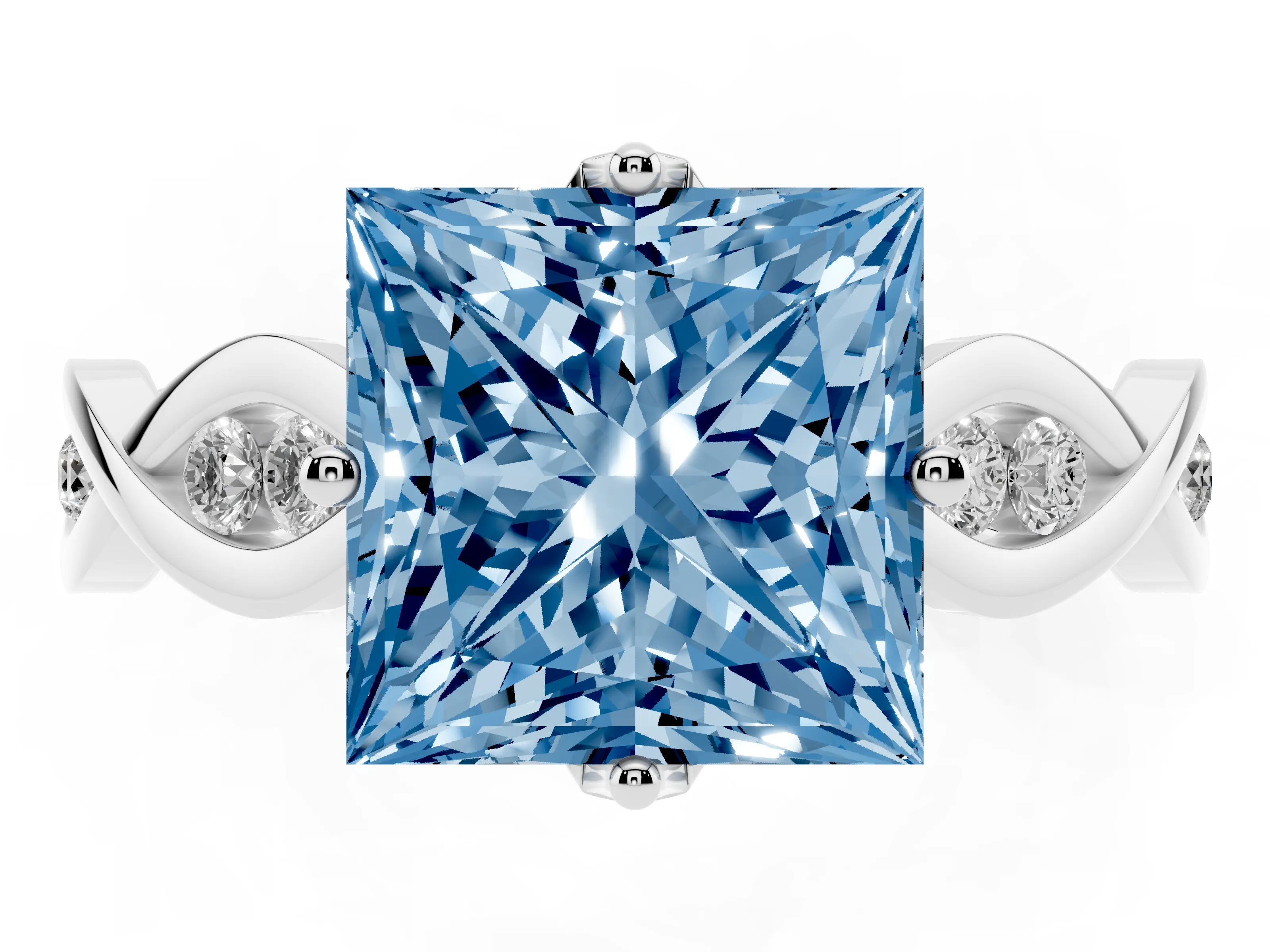 Fancy Blue Princess Cut Diamond Twist Band Solitaire Ring Set in Platinum with Leaf Prong Setting and Accent Stones