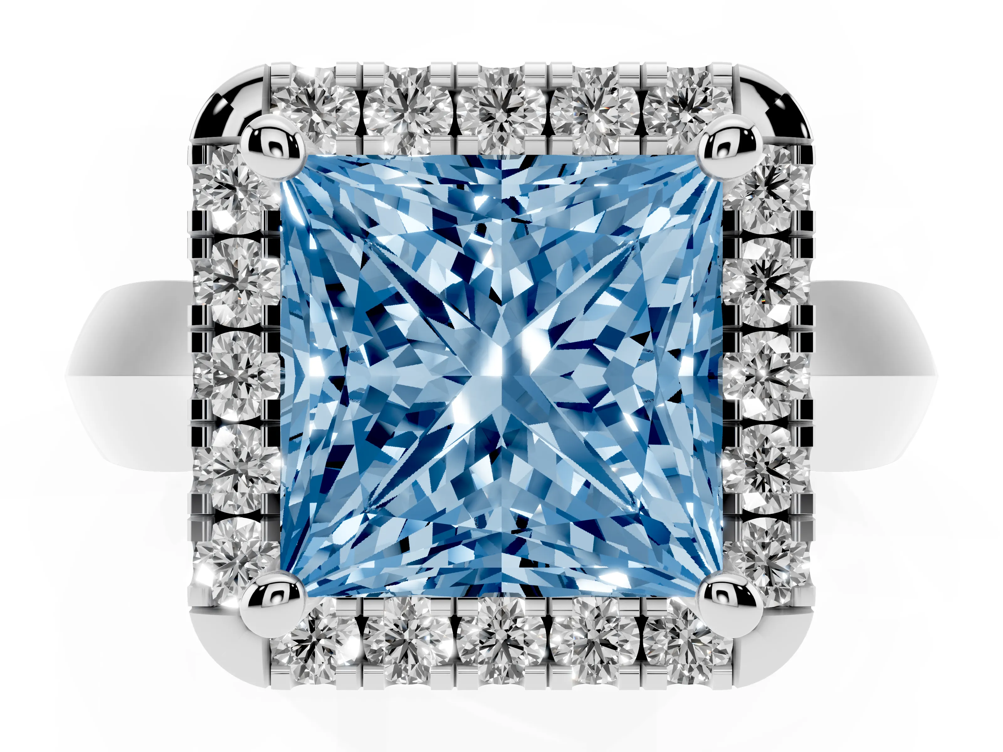 Fancy Blue Princess Cut Diamond Halo Solitaire Engagement Ring Set in Platinum with Square Band and Prong Setting