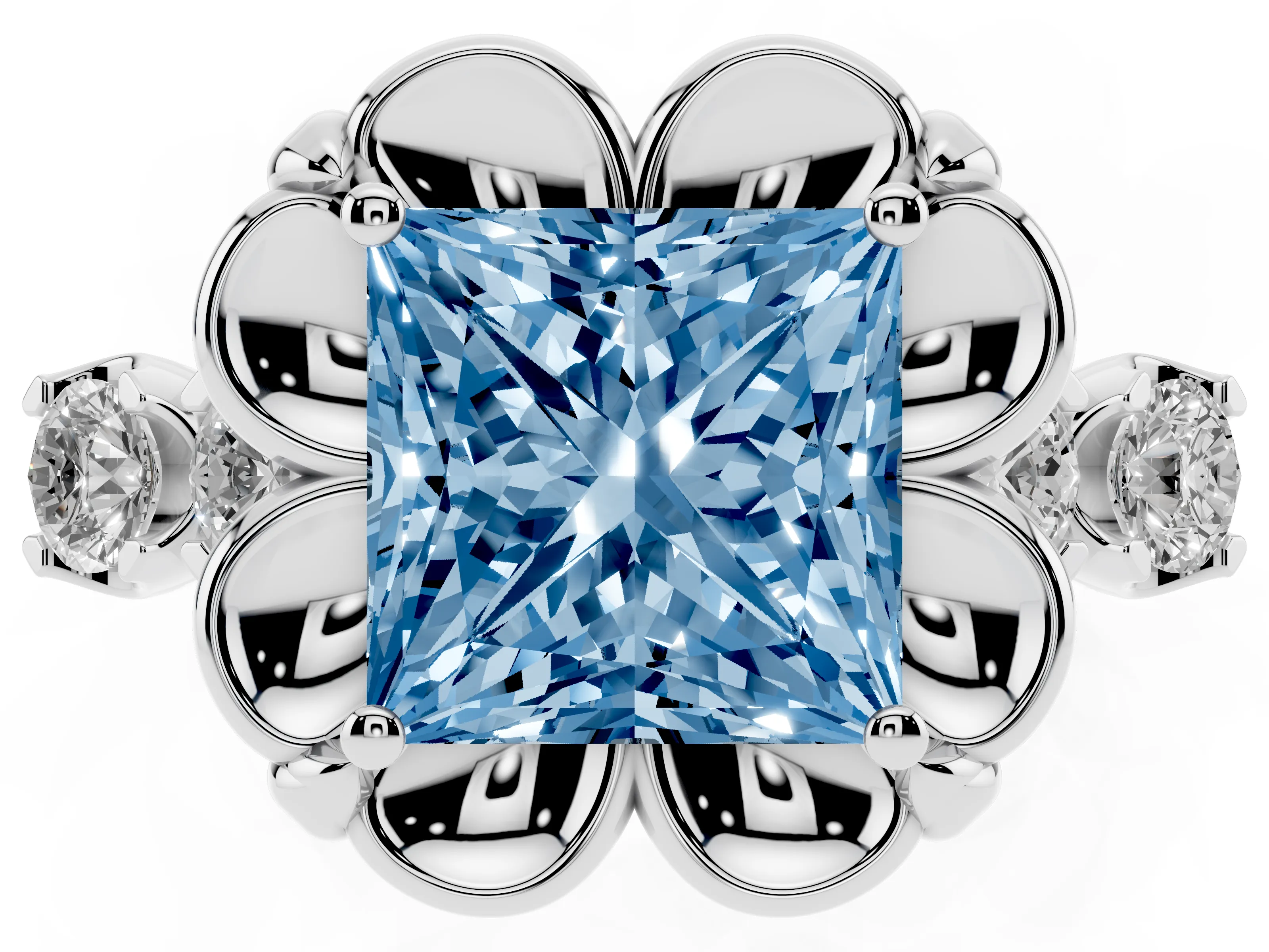 Fancy Blue Princess Cut Diamond Floral Halo Ring Set in White gold with Shared Prong Band