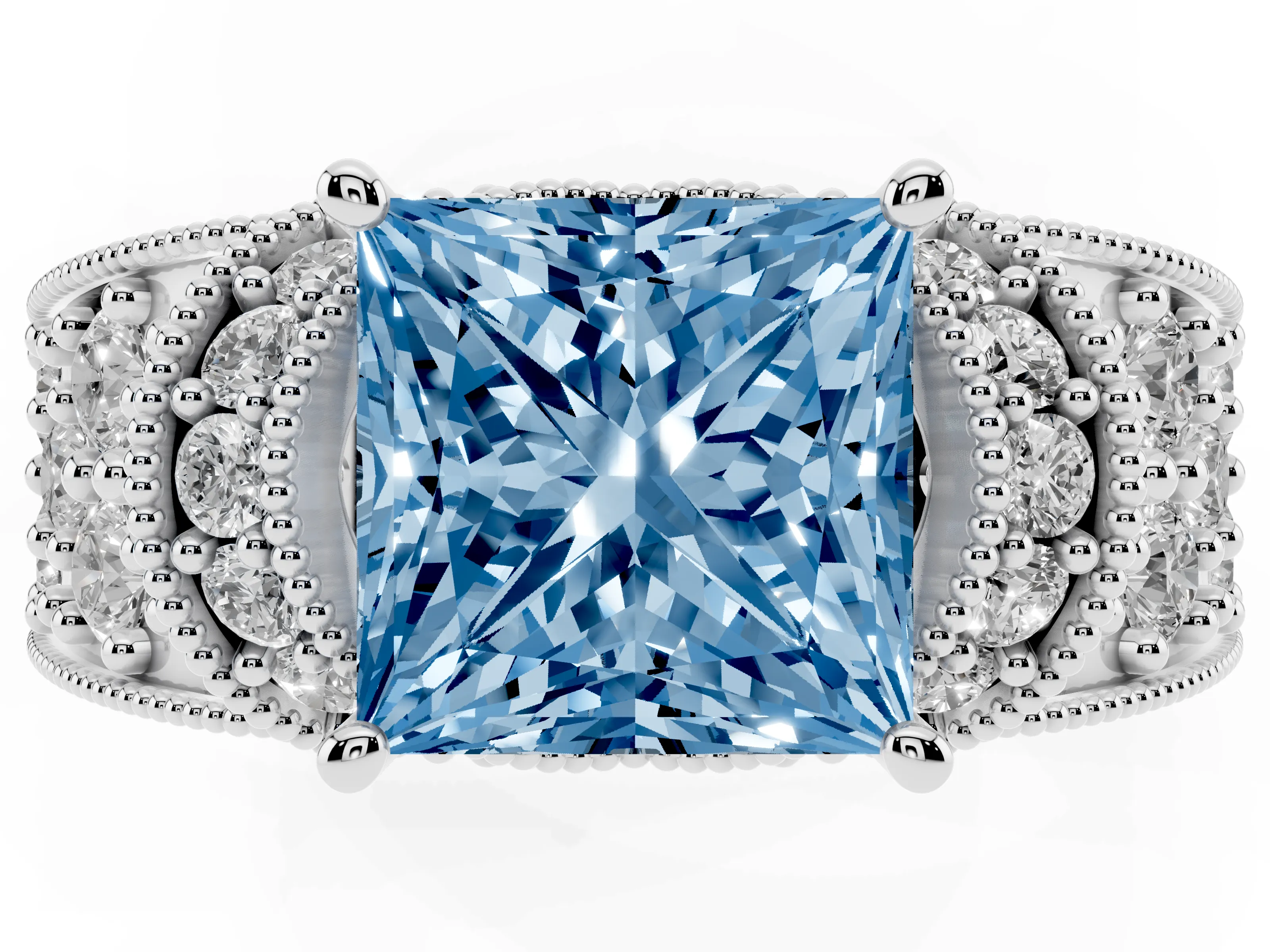 Fancy Blue Princess Cut Diamond Milgrain Halo Pavé Engagement Ring Set in Silver with Prong Setting