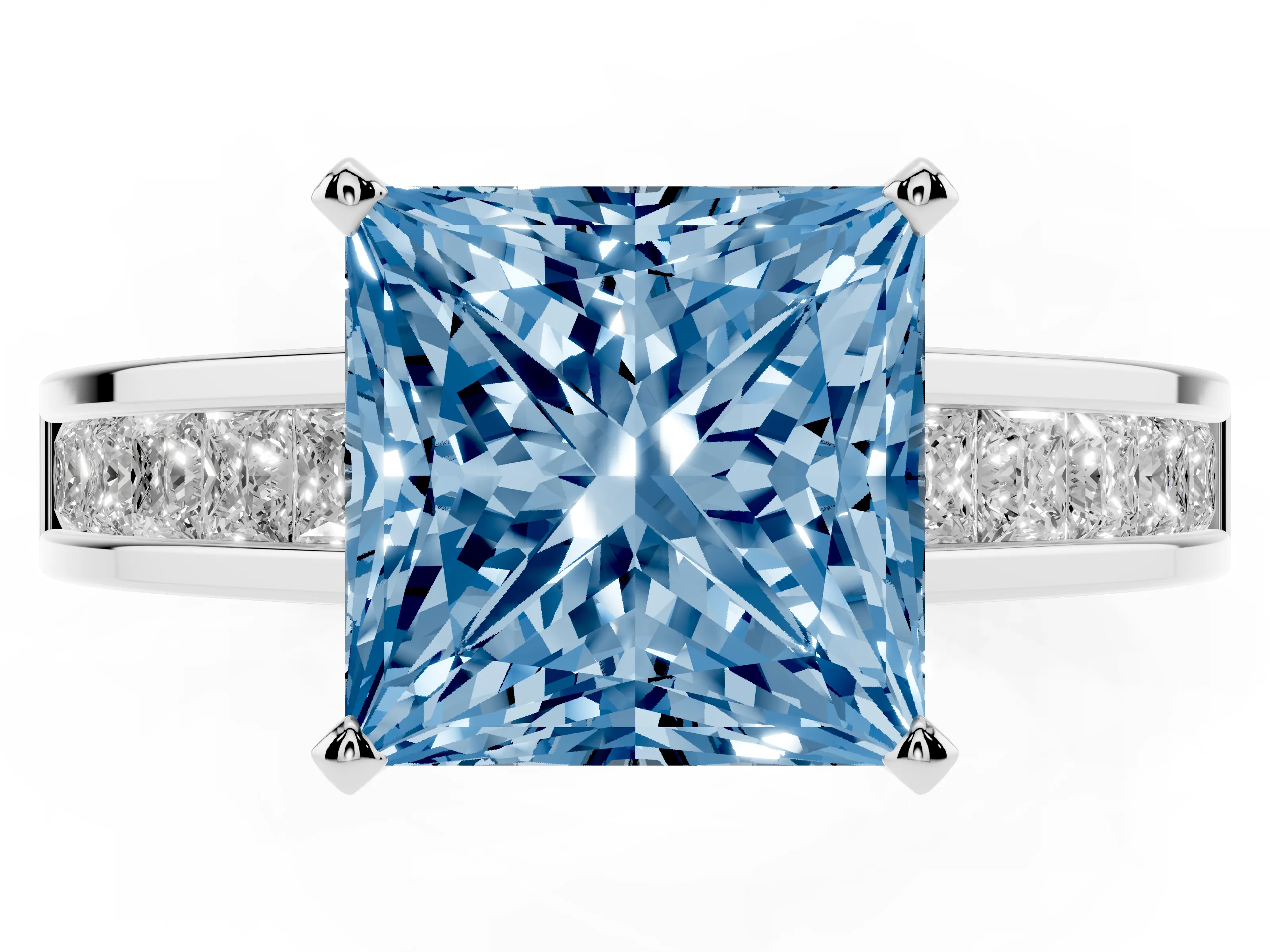 Fancy Blue Princess Cut Diamond Solitaire Ring Set in Platinum with Channel-Set Band and Prong Setting