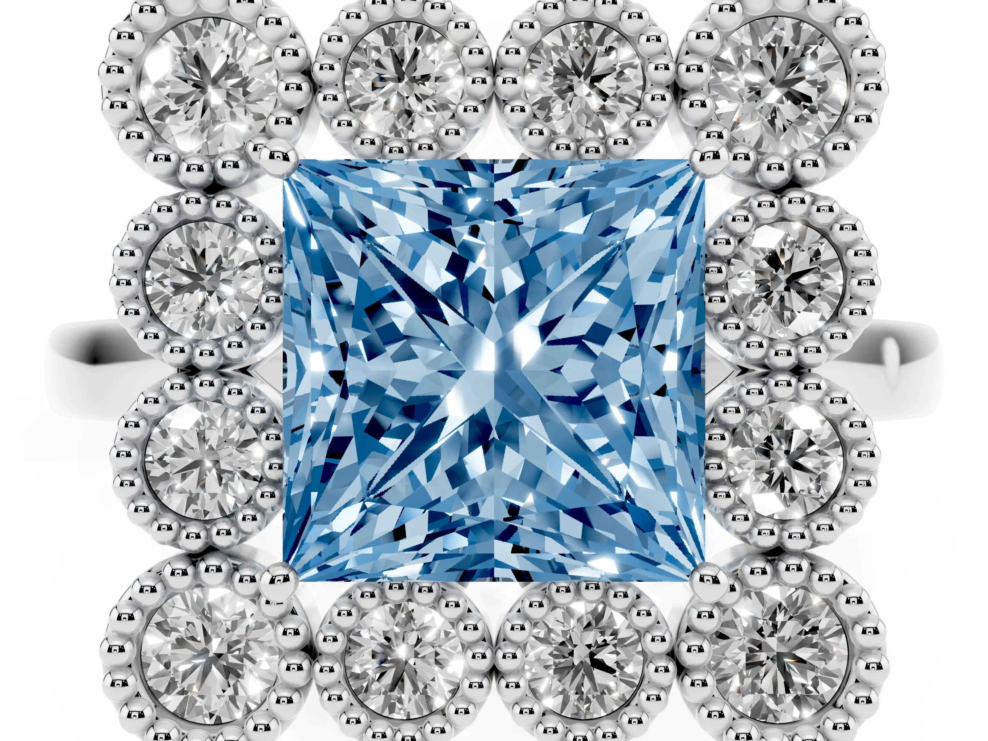 Fancy Blue Princess Cut Diamond Cluster Halo Ring Set in White gold with Milgrain Bezel Accents and Plain Band