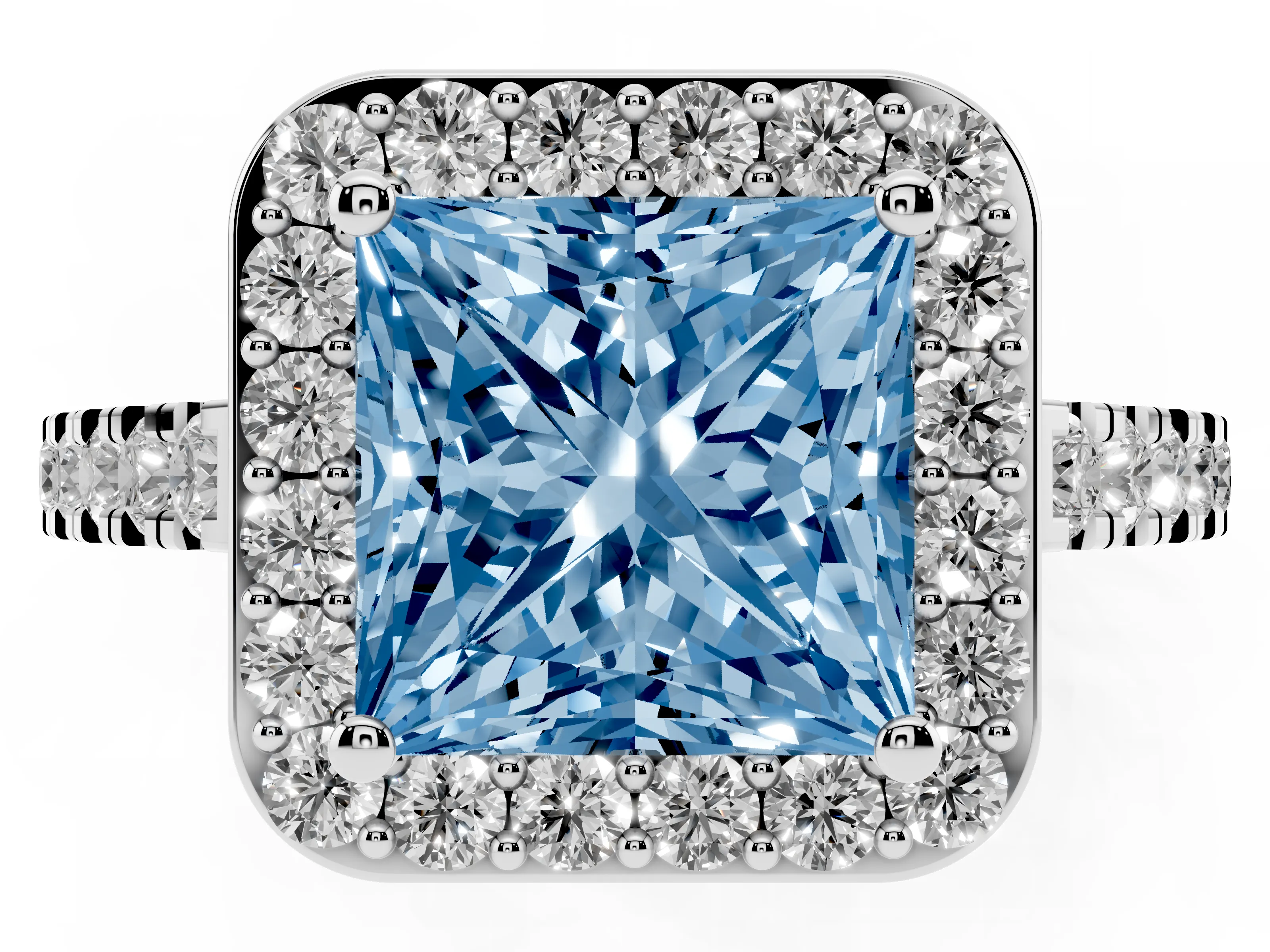 Fancy Blue Princess Cut Diamond Halo Ring Set in Platinum with Round Pavé Split Shank and Prong Setting