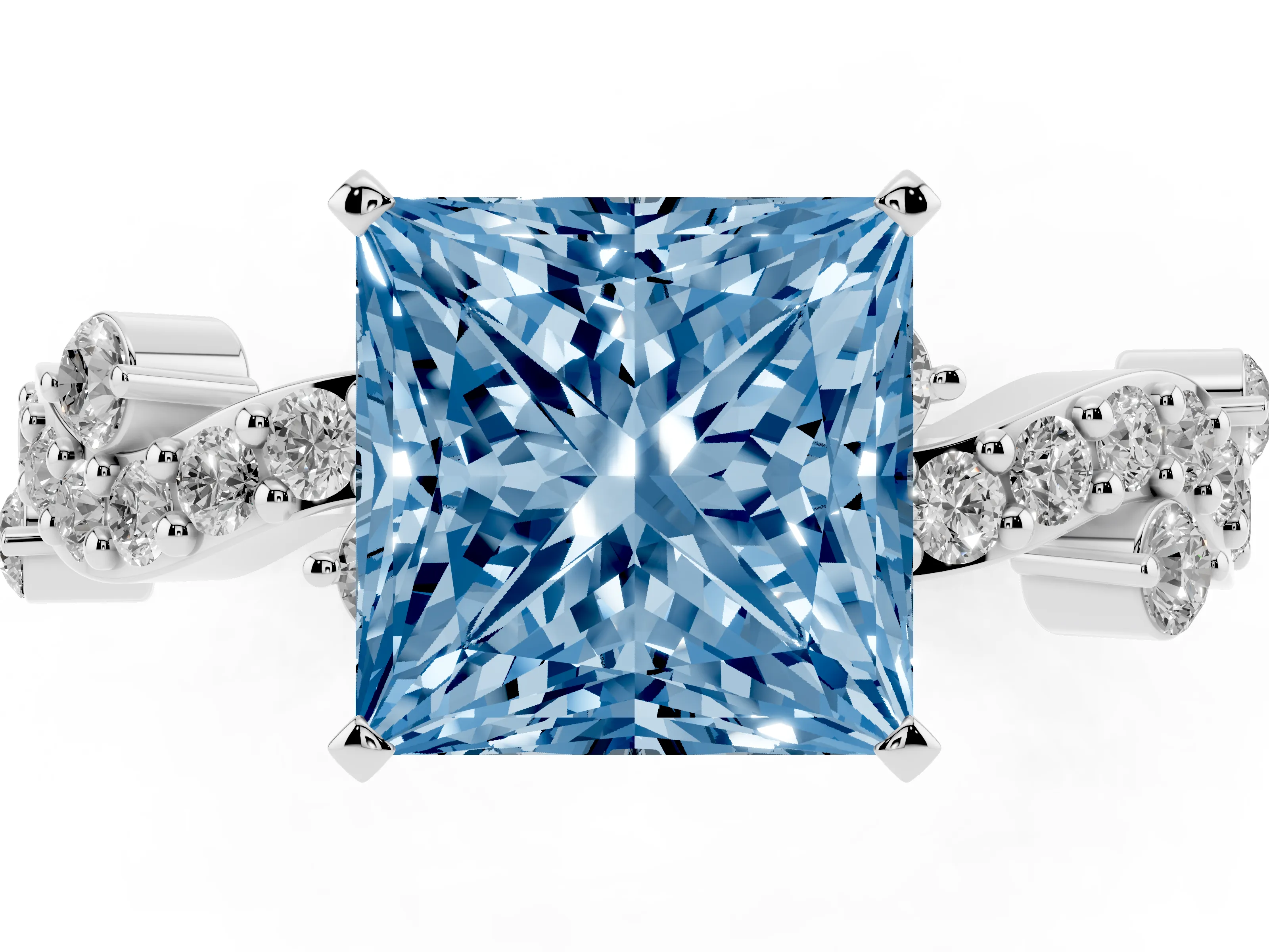 Fancy Blue Princess Cut Diamond Solitaire Twisted Band Set in Silver with Pavé Setting