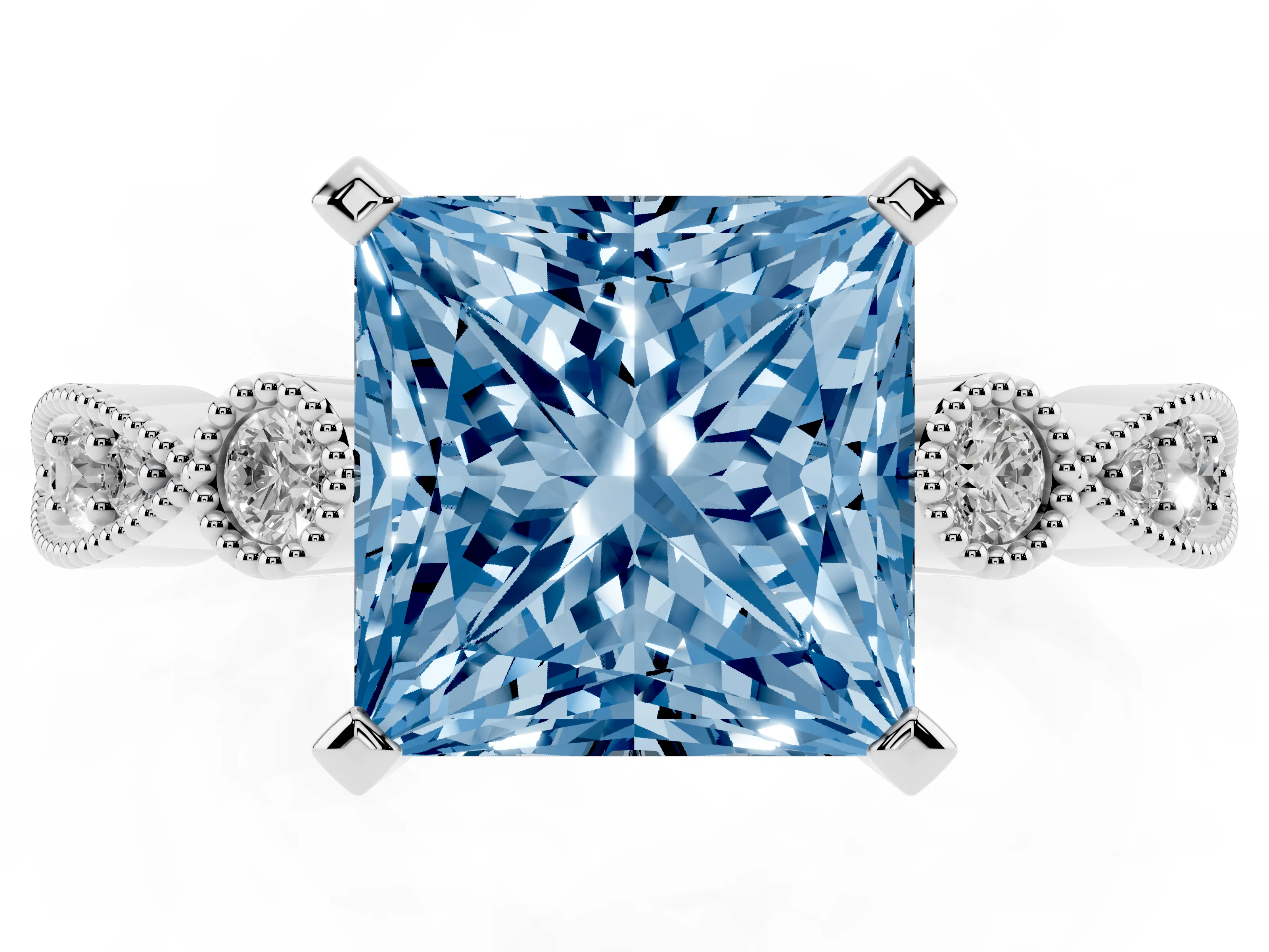 Fancy Blue Princess Cut Diamond Solitaire Engagement Ring Set in Silver with Milgrain Bezel Accent Band