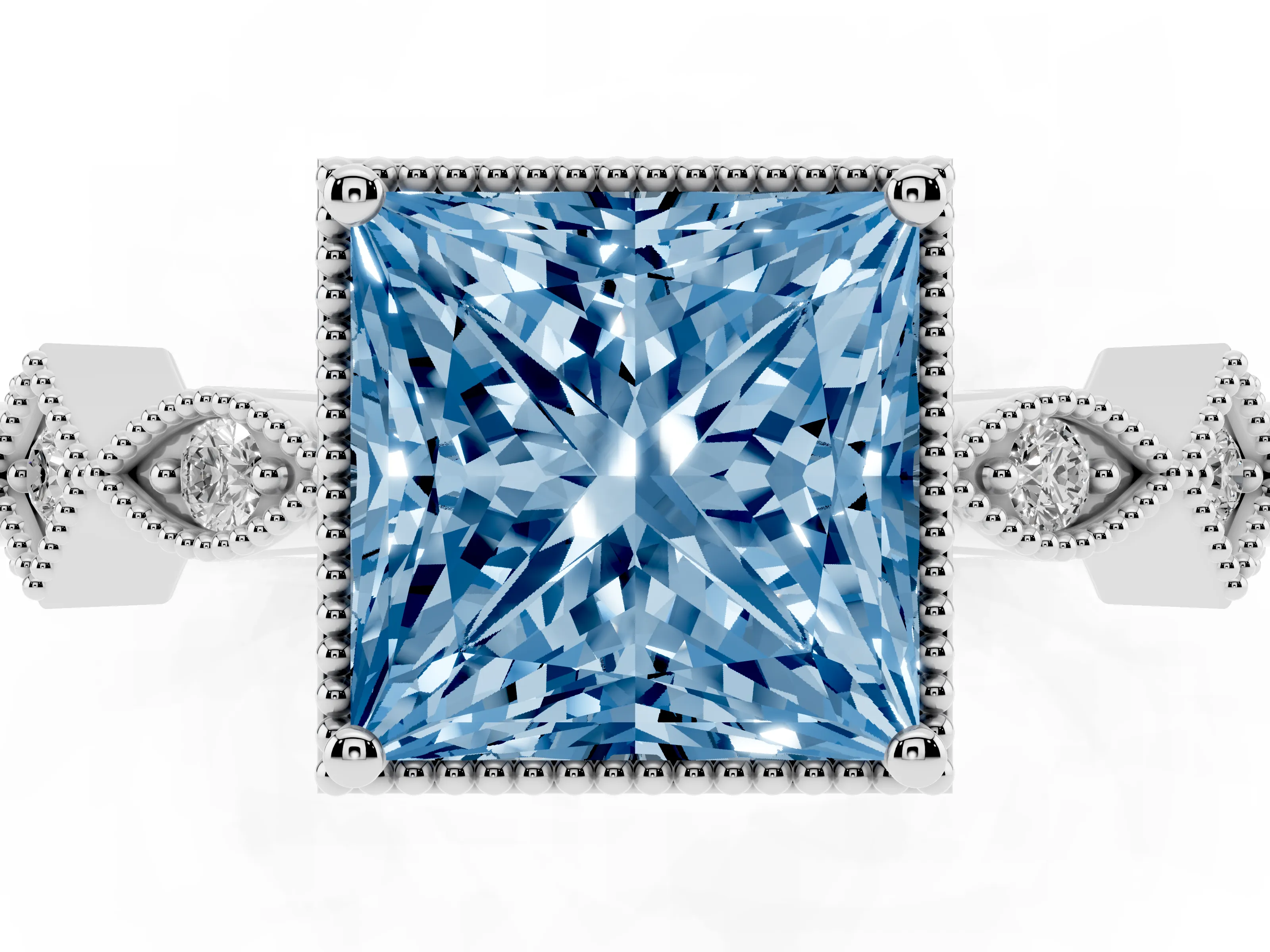 Fancy Blue Princess Cut Diamond Milgrain Marquise Twist Band Ring Set in Platinum with Prong Setting