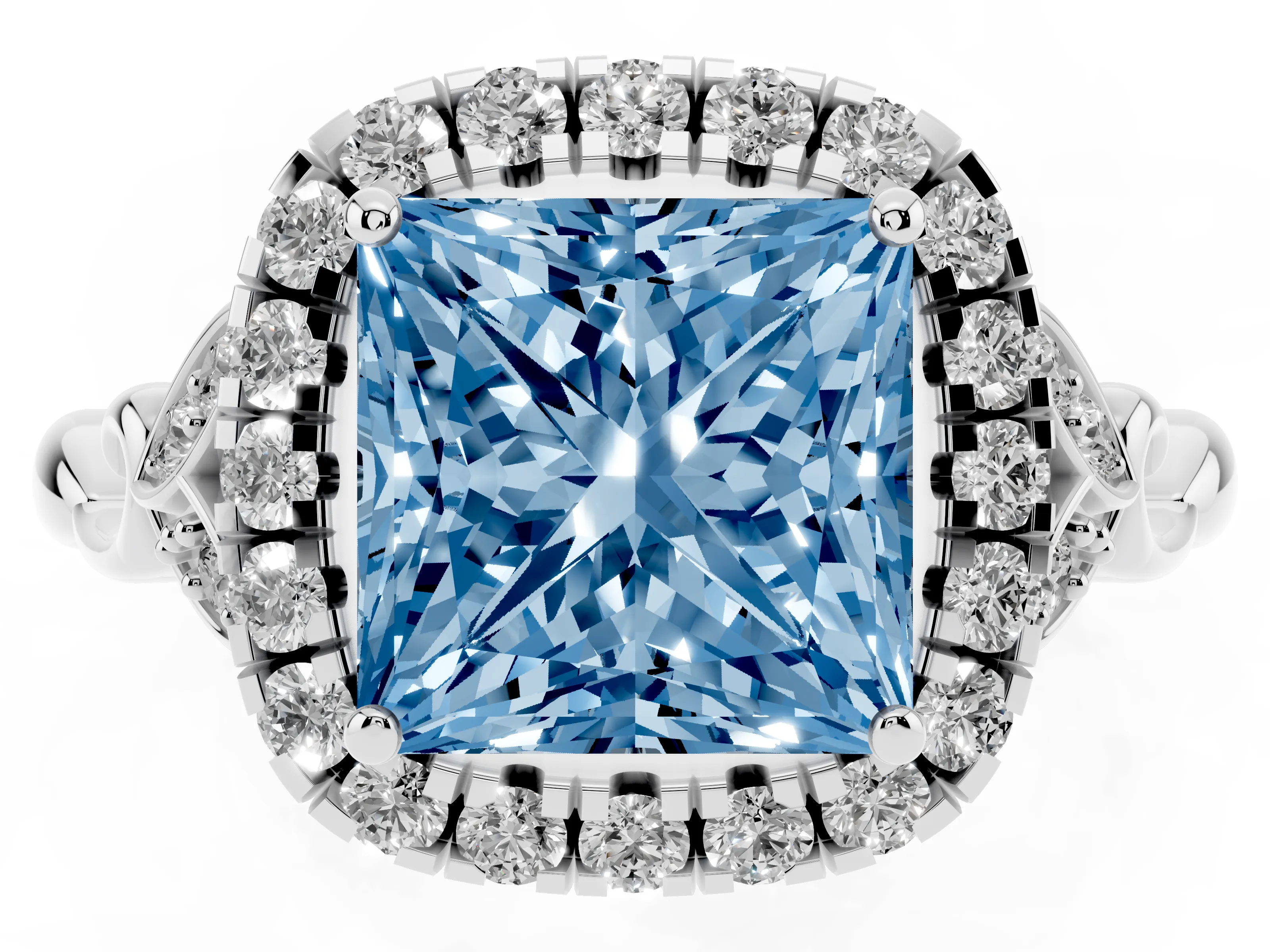 Fancy Blue Princess Cut Diamond Halo Engagement Ring Set in Platinum with Vintage-Inspired Band and Prong Setting