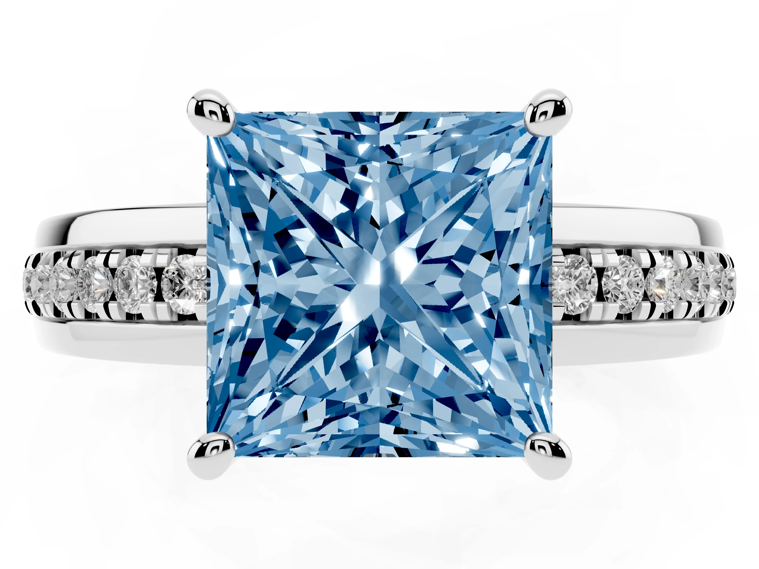 Fancy Blue Princess Cut Diamond Solitaire Ring Set in White gold with Channel Set Band and Prong Setting