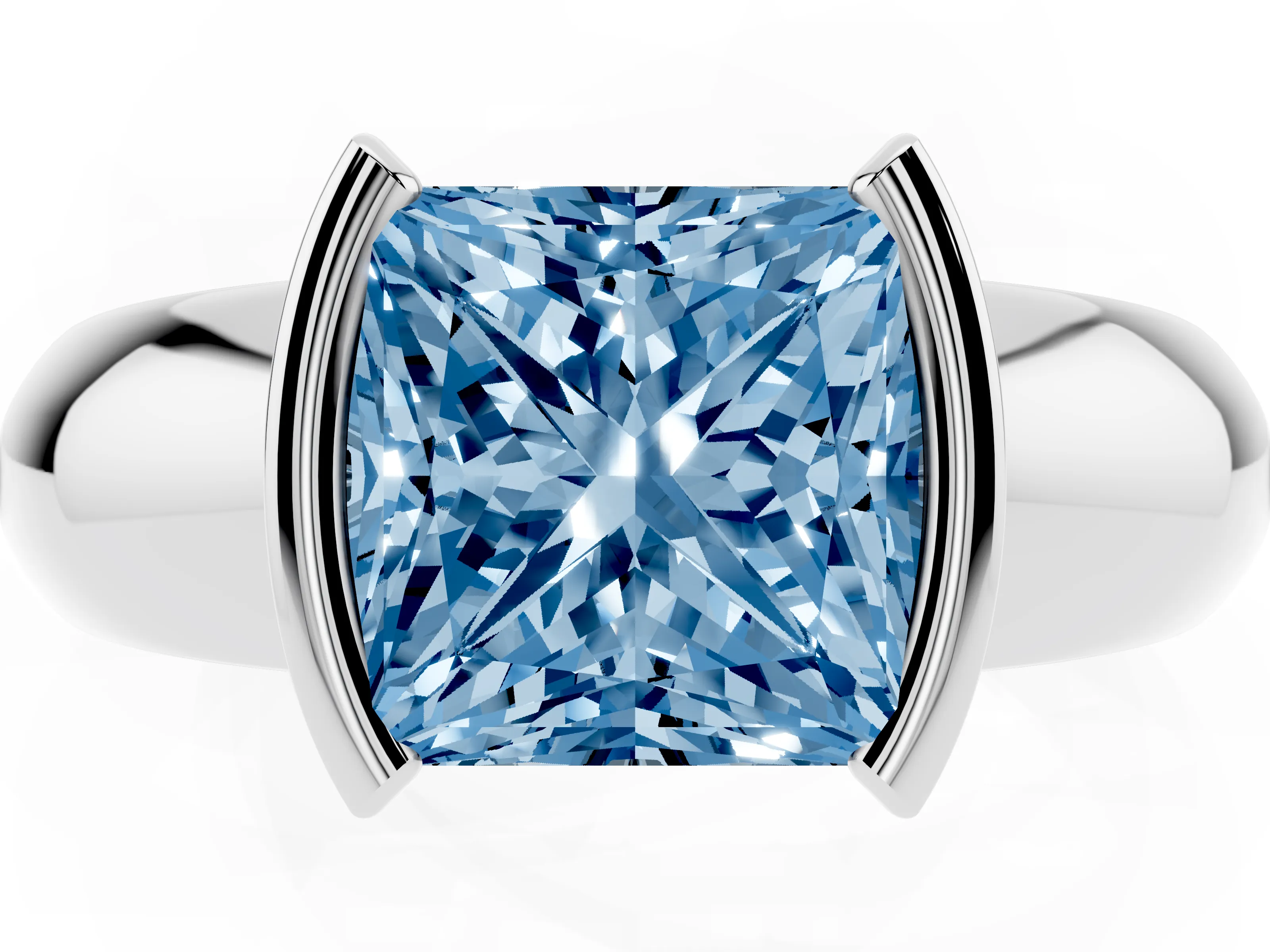Fancy Blue Princess Cut Diamond Solitaire Tension Set Ring Set in White gold with Wide Band