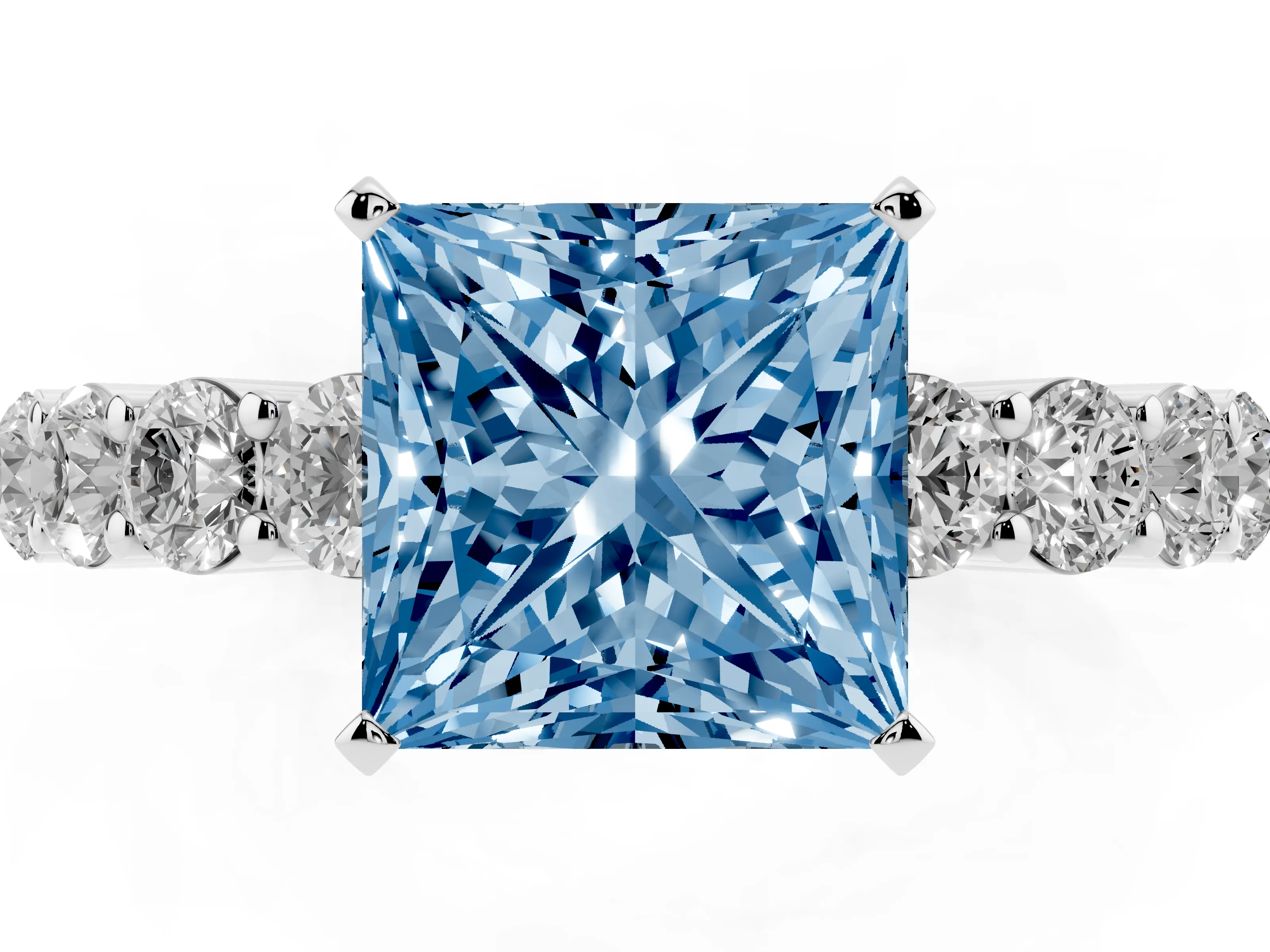 Fancy Blue Princess Cut Diamond Solitaire Ring Set in White gold with Shared Prong Round Side Stones