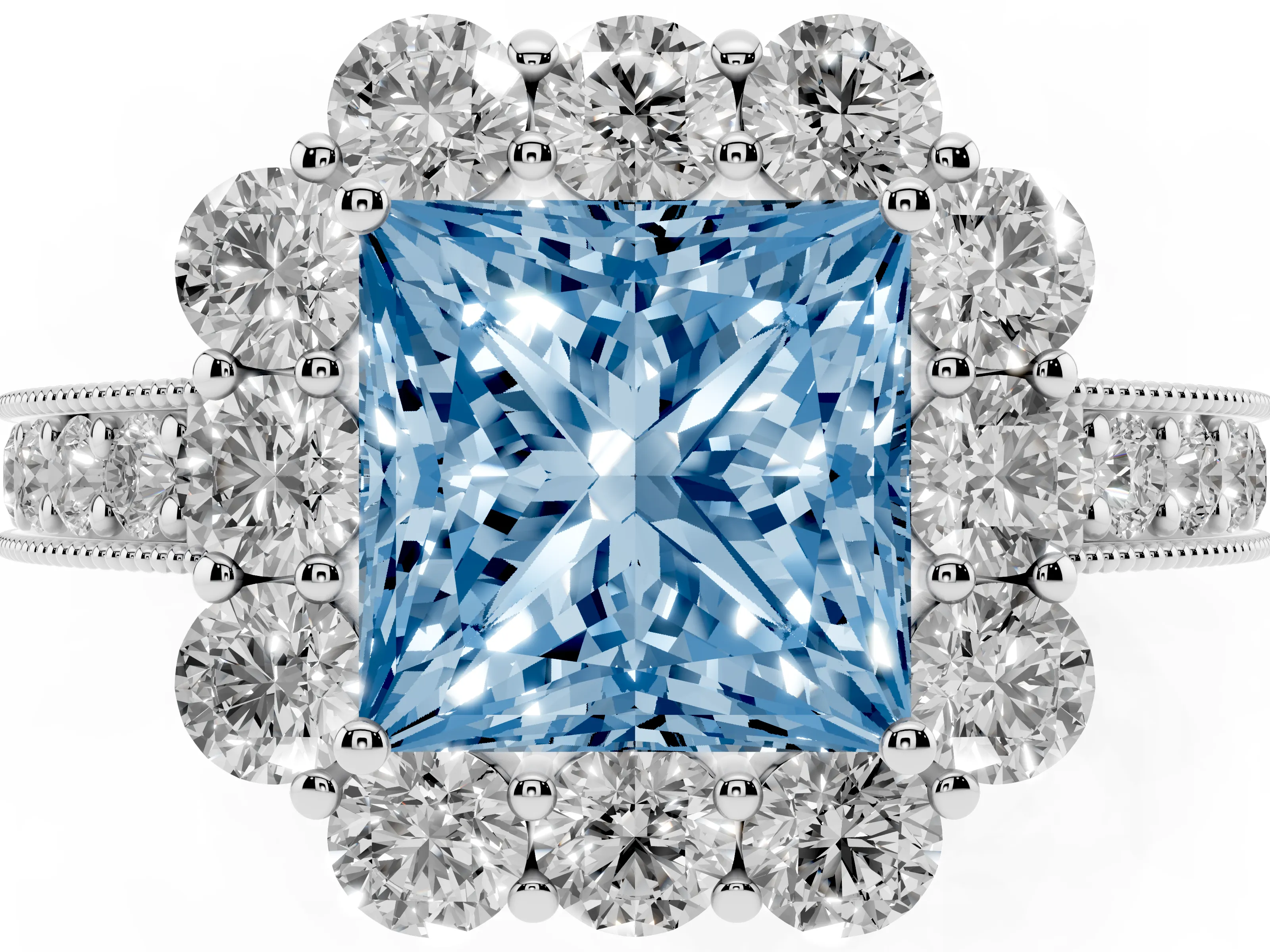Fancy Blue Princess Cut Diamond Halo Pavé Engagement Ring Set in Platinum with Milgrain Detailing