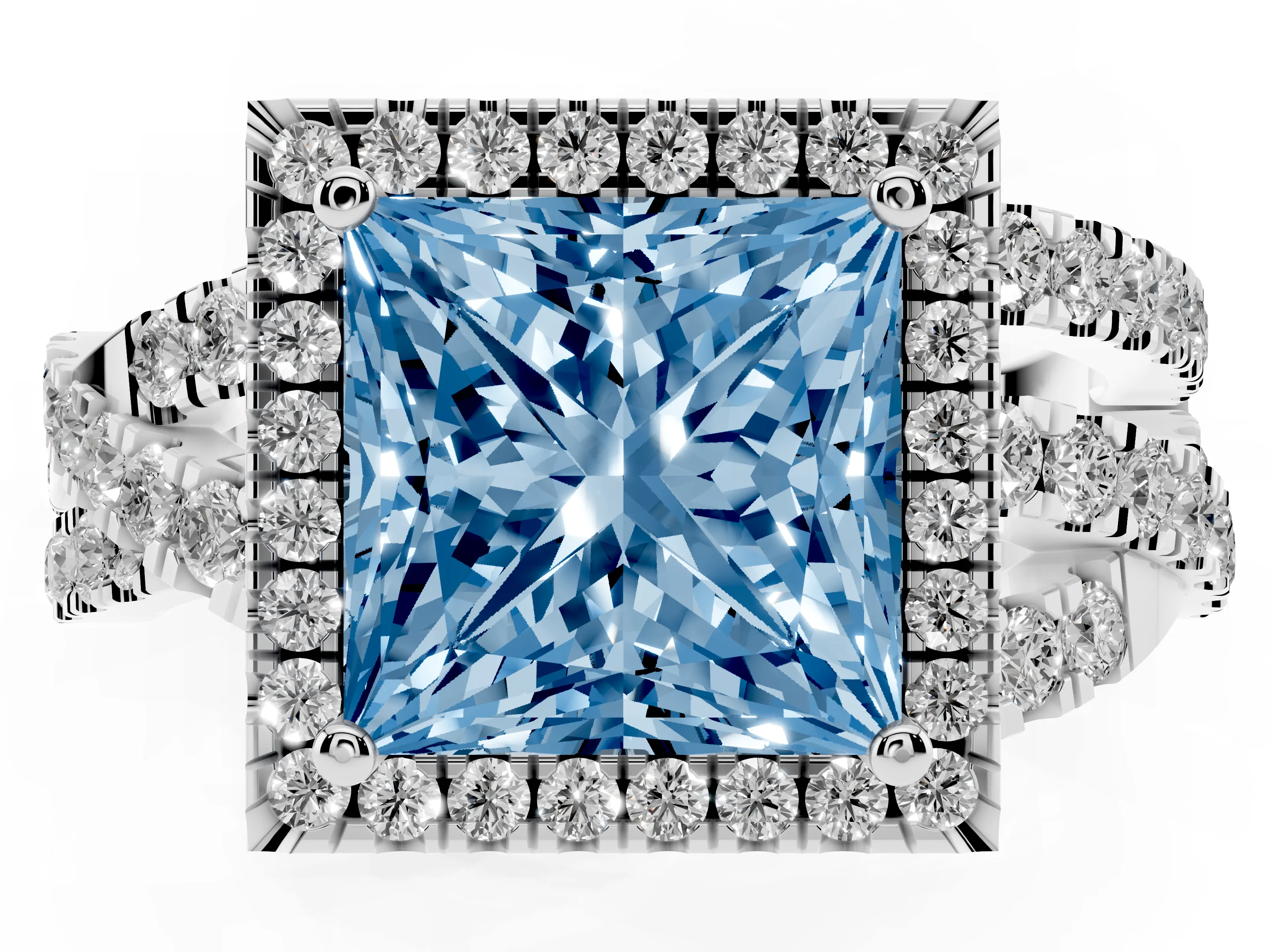 Fancy Blue Princess Cut Diamond Halo Ring Set in Platinum with Round Crossover Split Shank and Prong Setting
