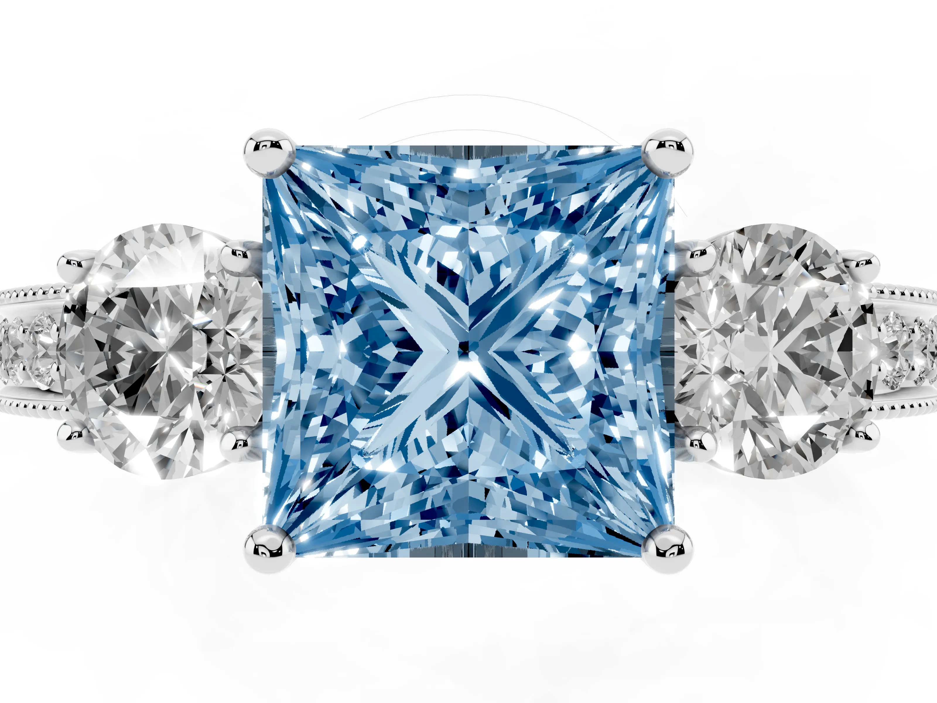 Fancy Blue Princess Cut Diamond Three-Stone Ring Set in White gold with Round Side Stones and Pavé Band