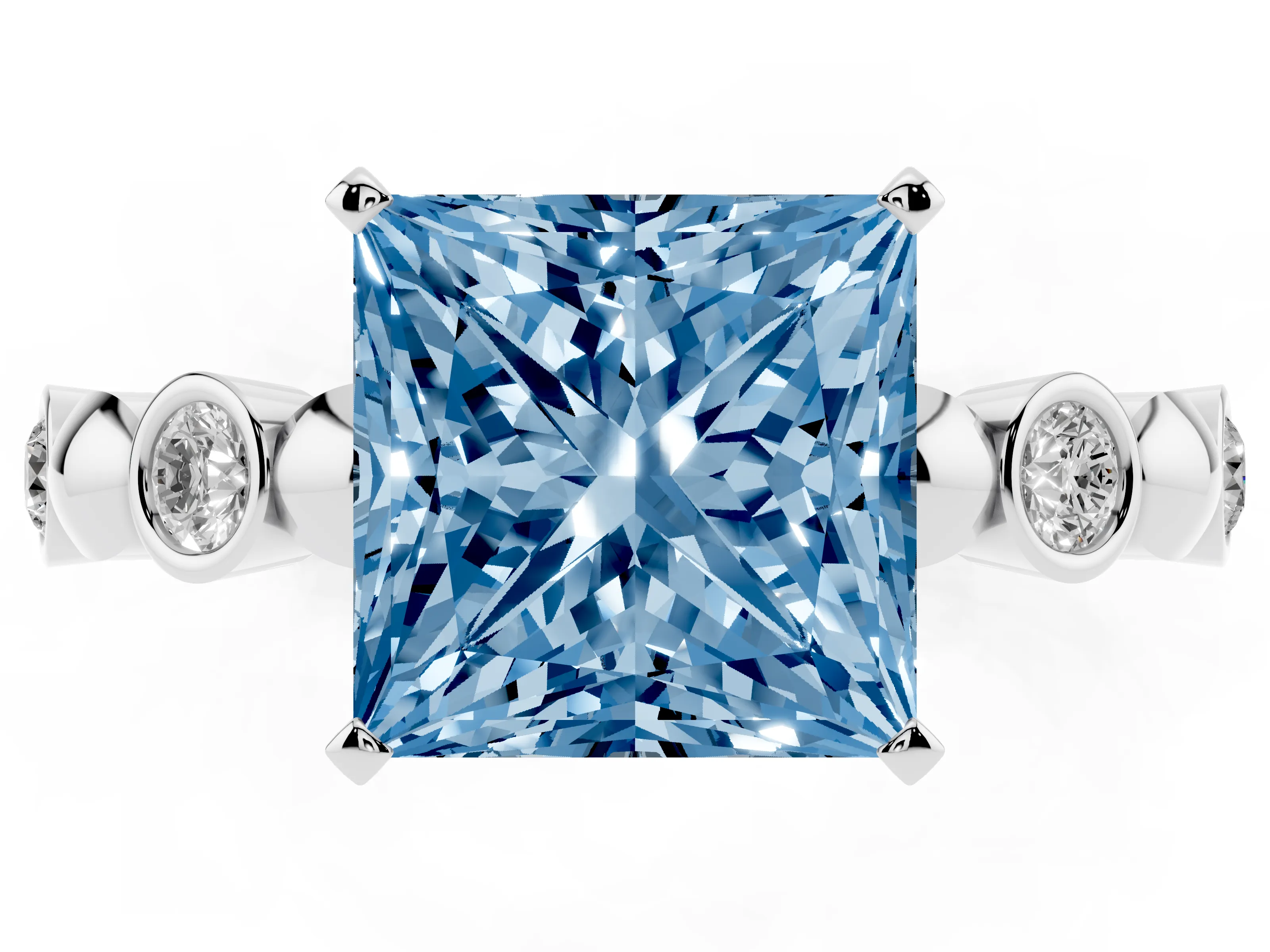 Fancy Blue Princess Cut Diamond Solitaire Ring Set in Silver with Bezel-Set Accents on Beaded Band and Prong Setting