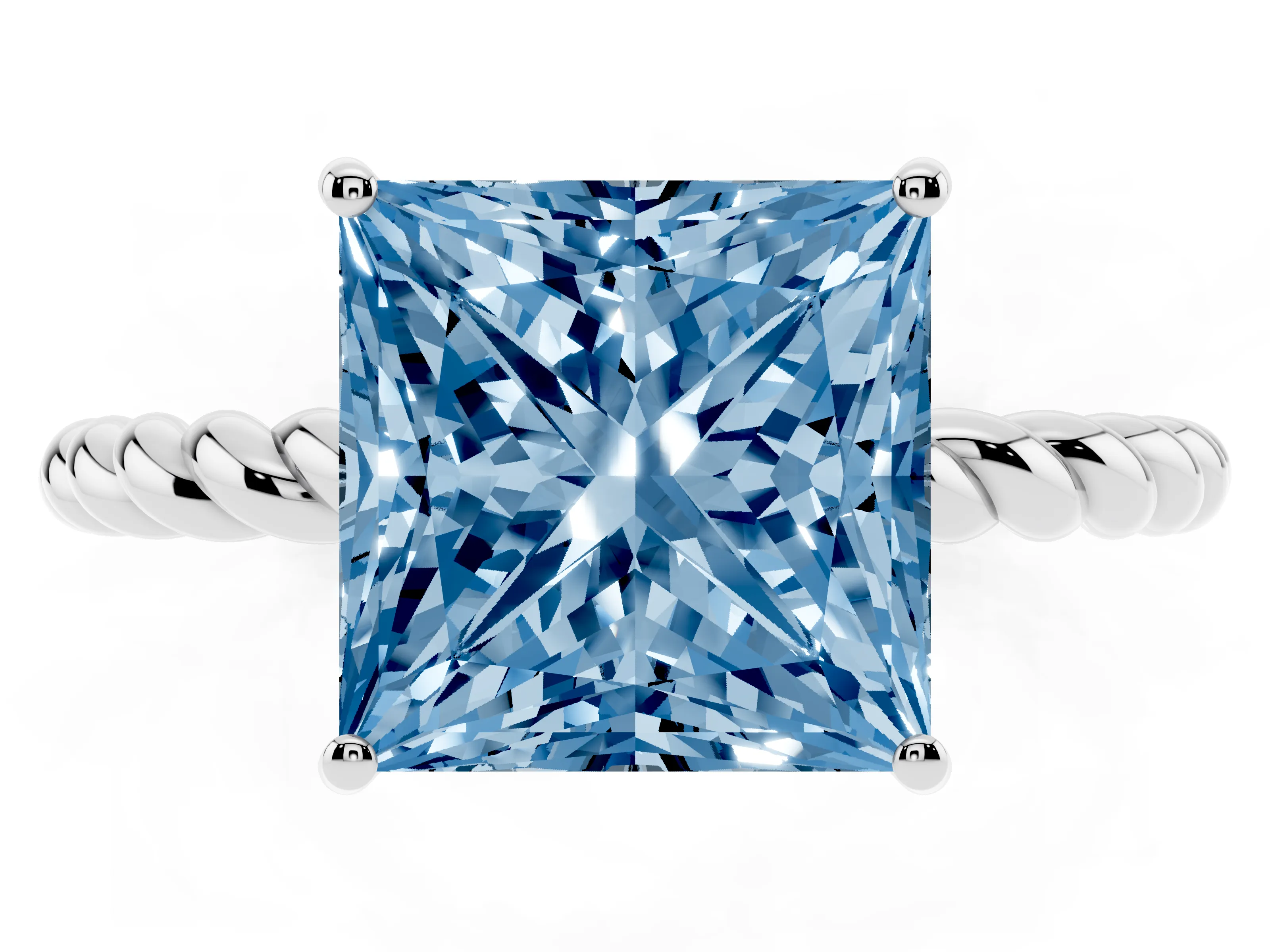 Fancy Blue Princess Cut Diamond Solitaire Ring Set in Platinum with Twist Band and Prong Setting