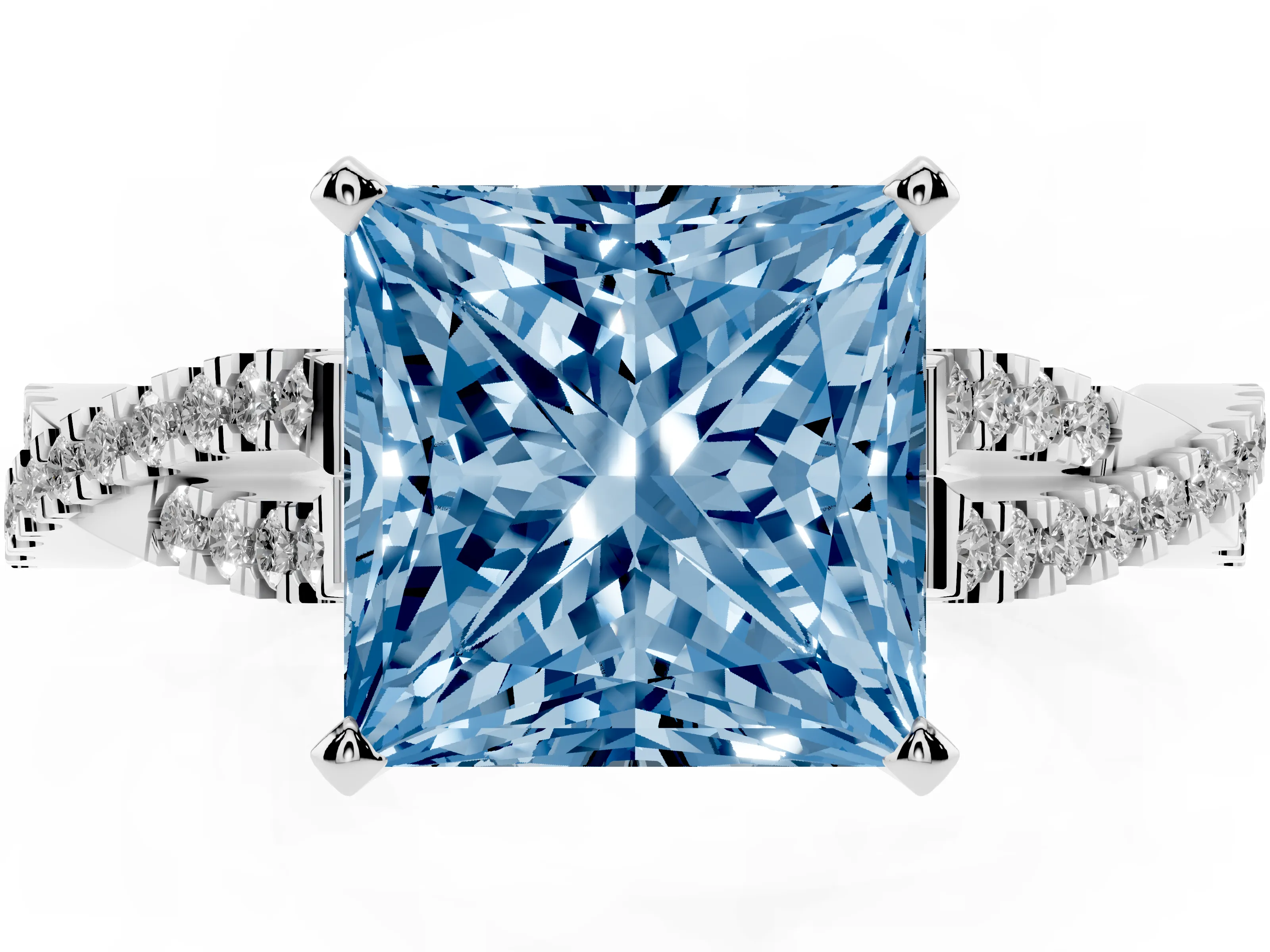 Fancy Blue Princess Cut Diamond Solitaire Engagement Ring Set in Silver with Twisted Pavé Band and Prong Setting