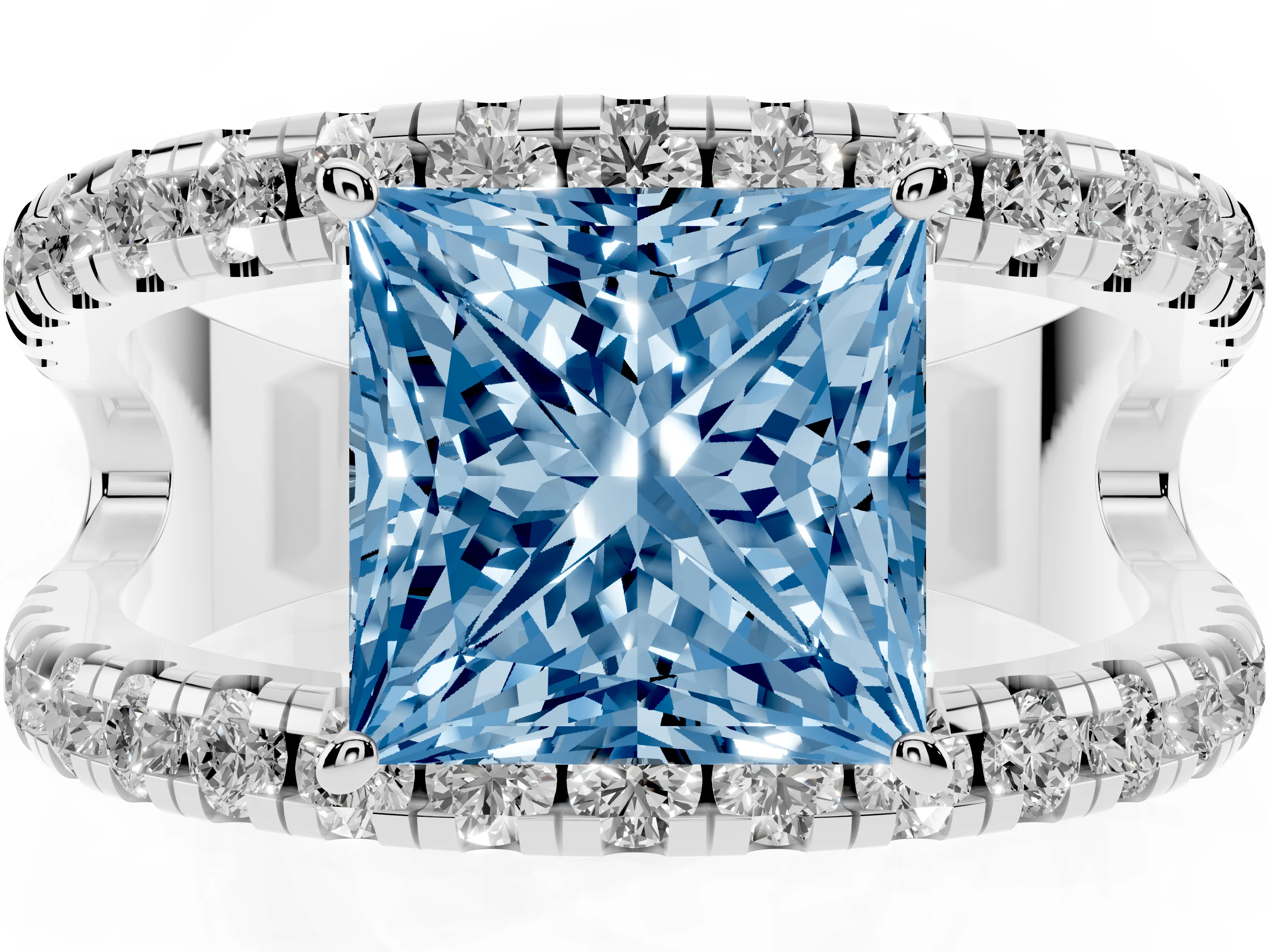 Fancy Blue Princess Cut Diamond Split Shank Pavé Solitaire Ring Set in Silver with Open Shank Design