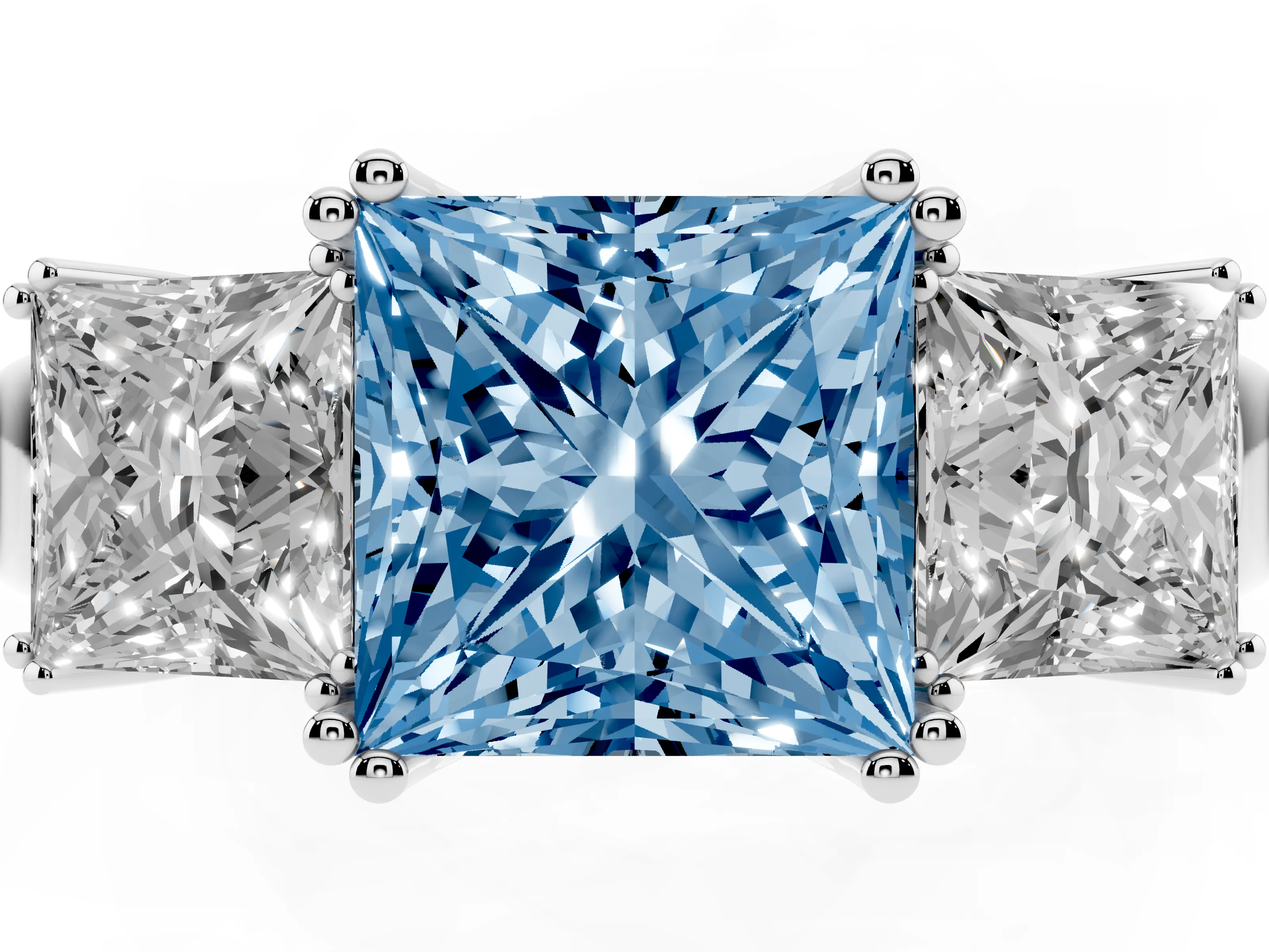 Fancy Blue Princess Cut Diamond Three-Stone Ring Set in Platinum with Polished Channel-Set Band