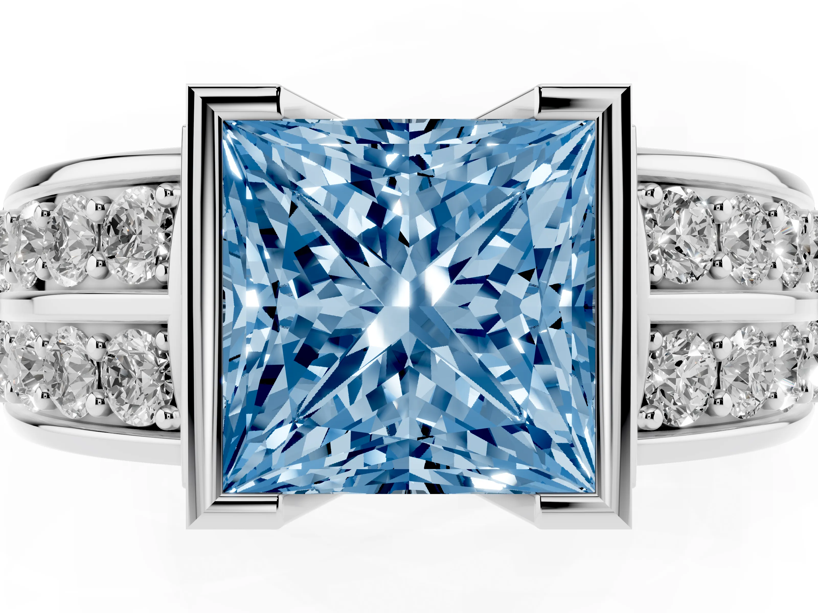 Fancy Blue Princess Cut Diamond Wide Channel Set Band Ring Set in White gold with Bezel Setting