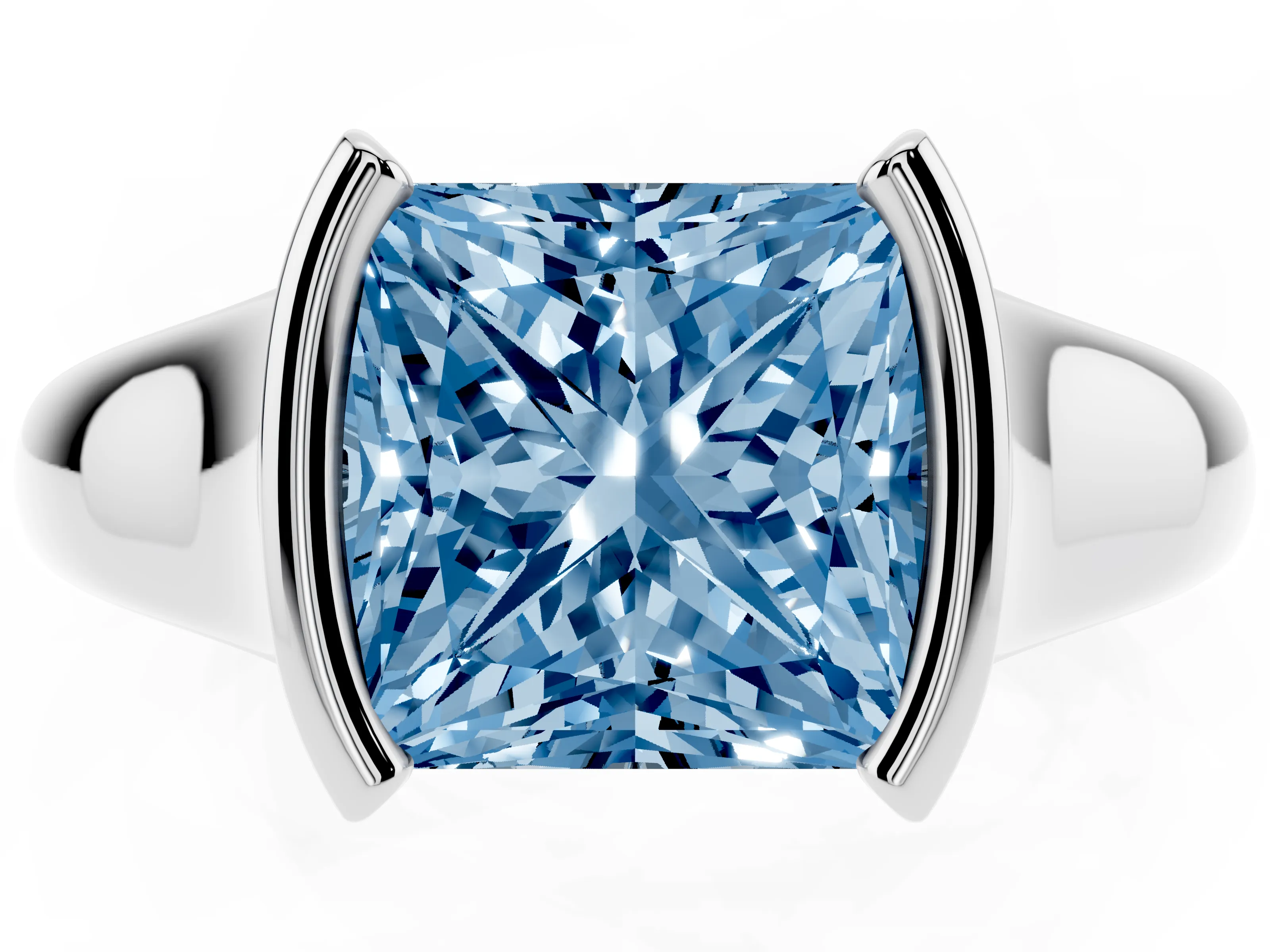 Fancy Blue Princess Cut Diamond Solitaire Tension Set Ring Set in White gold with Split Shank Band