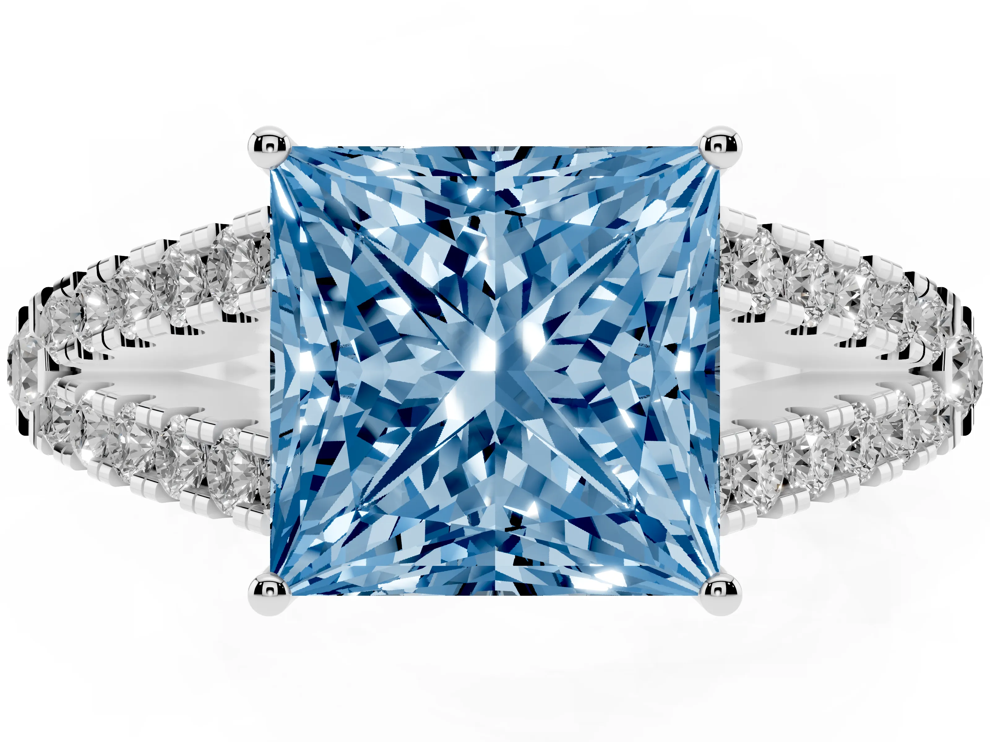 Fancy Blue Princess Cut Diamond Split Shank Pavé Engagement Ring Set in Platinum with Prong-Held Center Stone