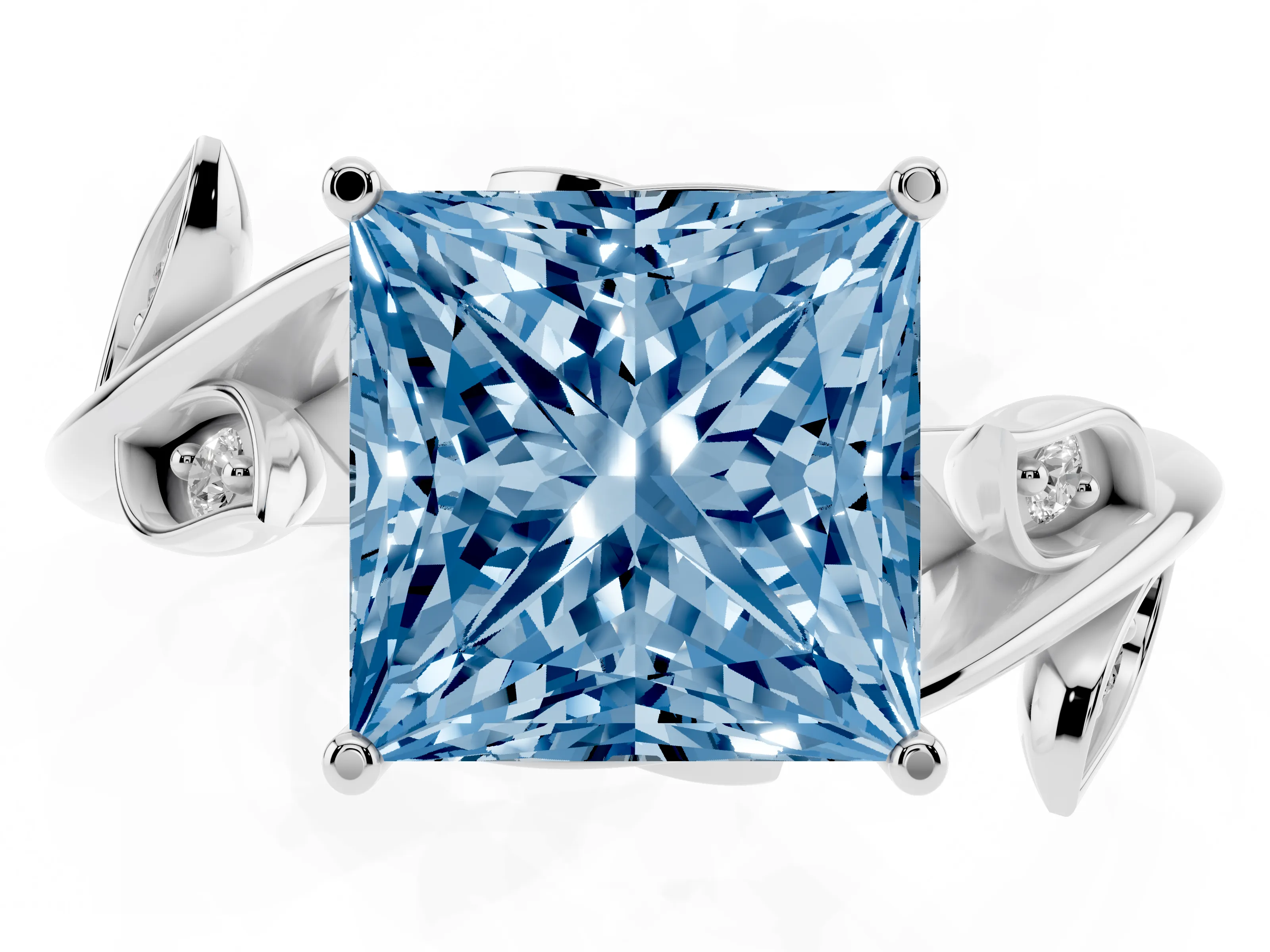 Fancy Blue Princess Cut Diamond Solitaire Twist Engagement Ring Set in White gold with Pavé Leaf Accents